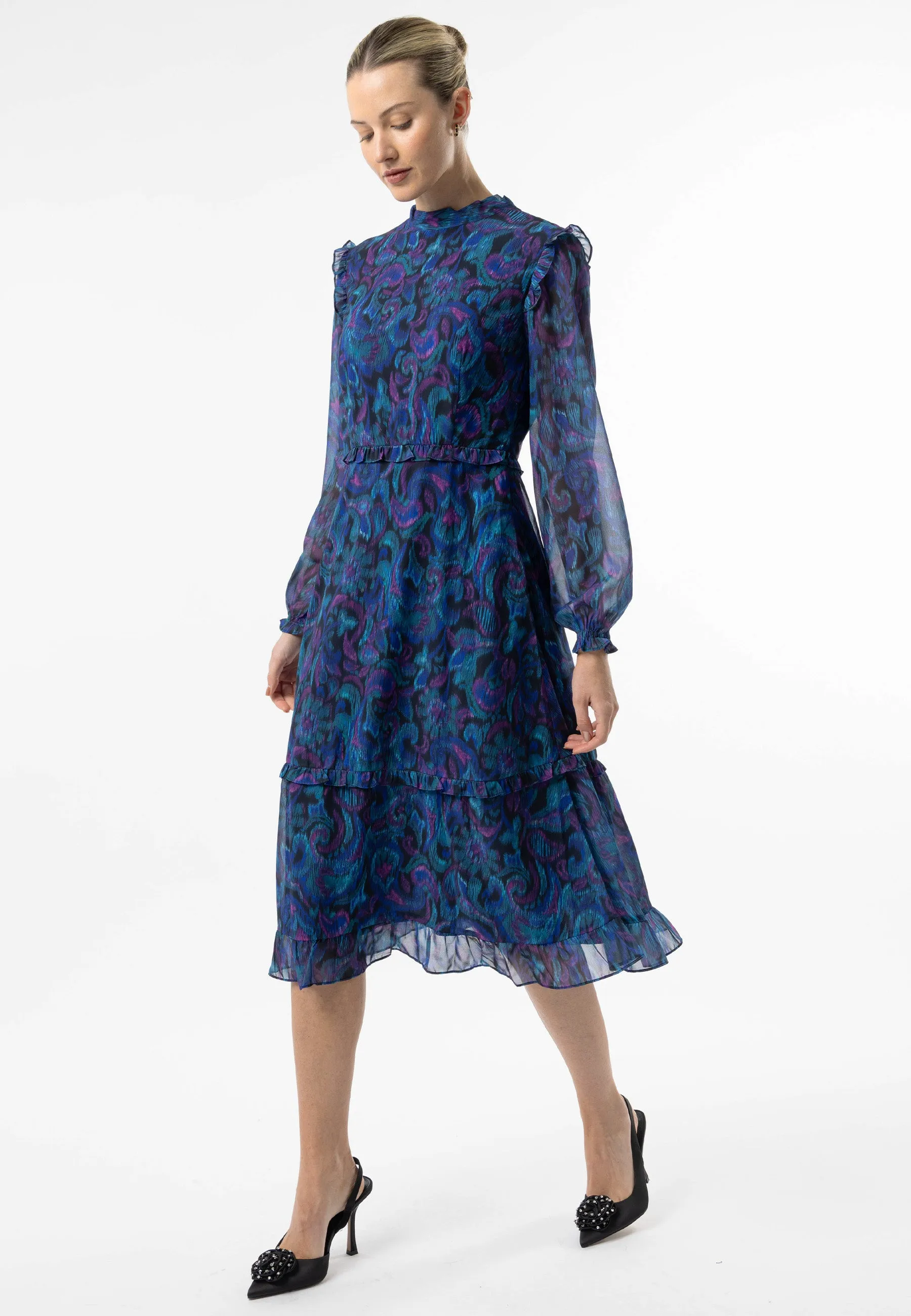 High Neck Ruffle Detail Midi Dress in Blue Paisley Print