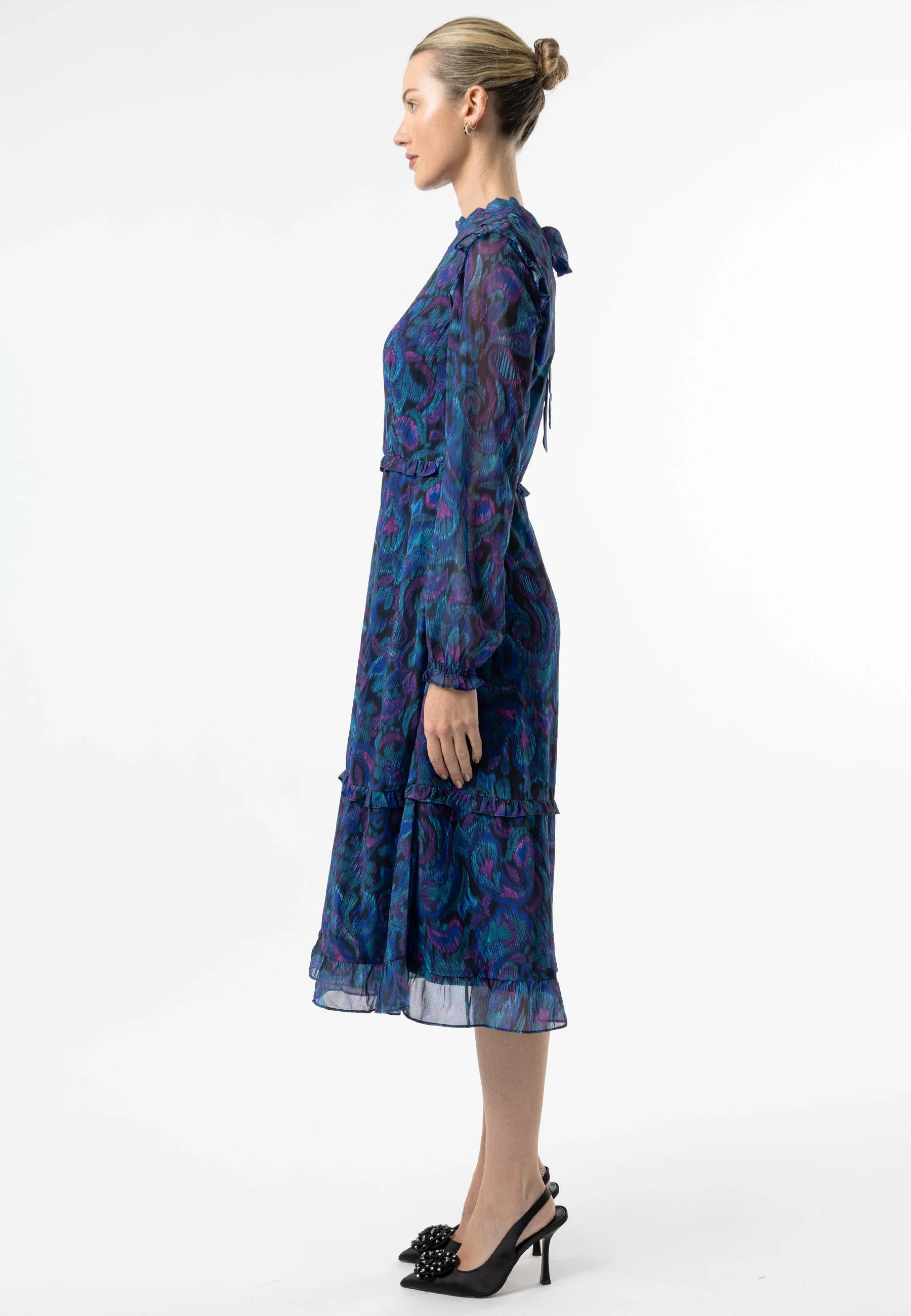 High Neck Ruffle Detail Midi Dress in Blue Paisley Print