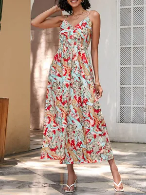 High Waisted Sleeveless Elasticity Flower Print Spaghetti-Neck Midi Dresses