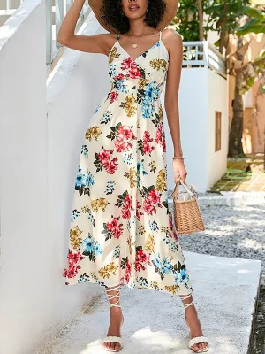 High Waisted Sleeveless Elasticity Flower Print Spaghetti-Neck Midi Dresses