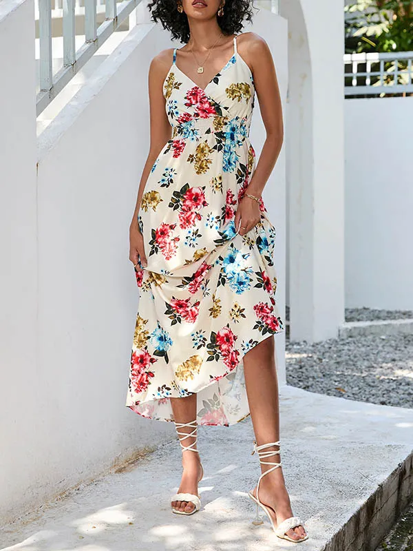 High Waisted Sleeveless Elasticity Flower Print Spaghetti-Neck Midi Dresses