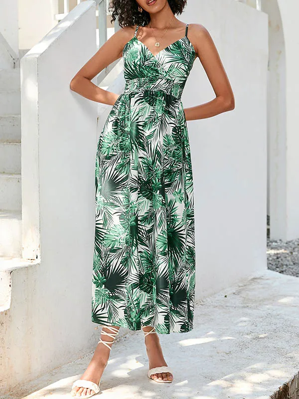 High Waisted Sleeveless Elasticity Leaves Print Spaghetti-Neck Midi Dresses