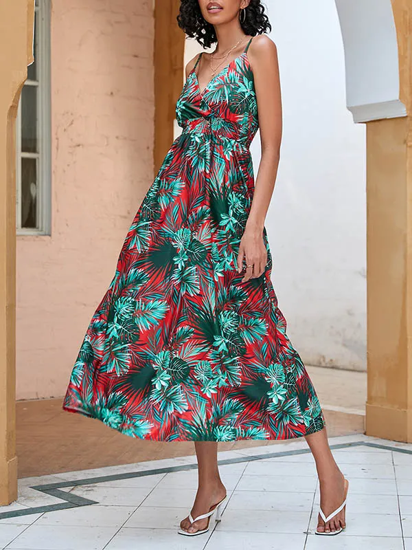 High Waisted Sleeveless Elasticity Leaves Print Spaghetti-Neck Midi Dresses