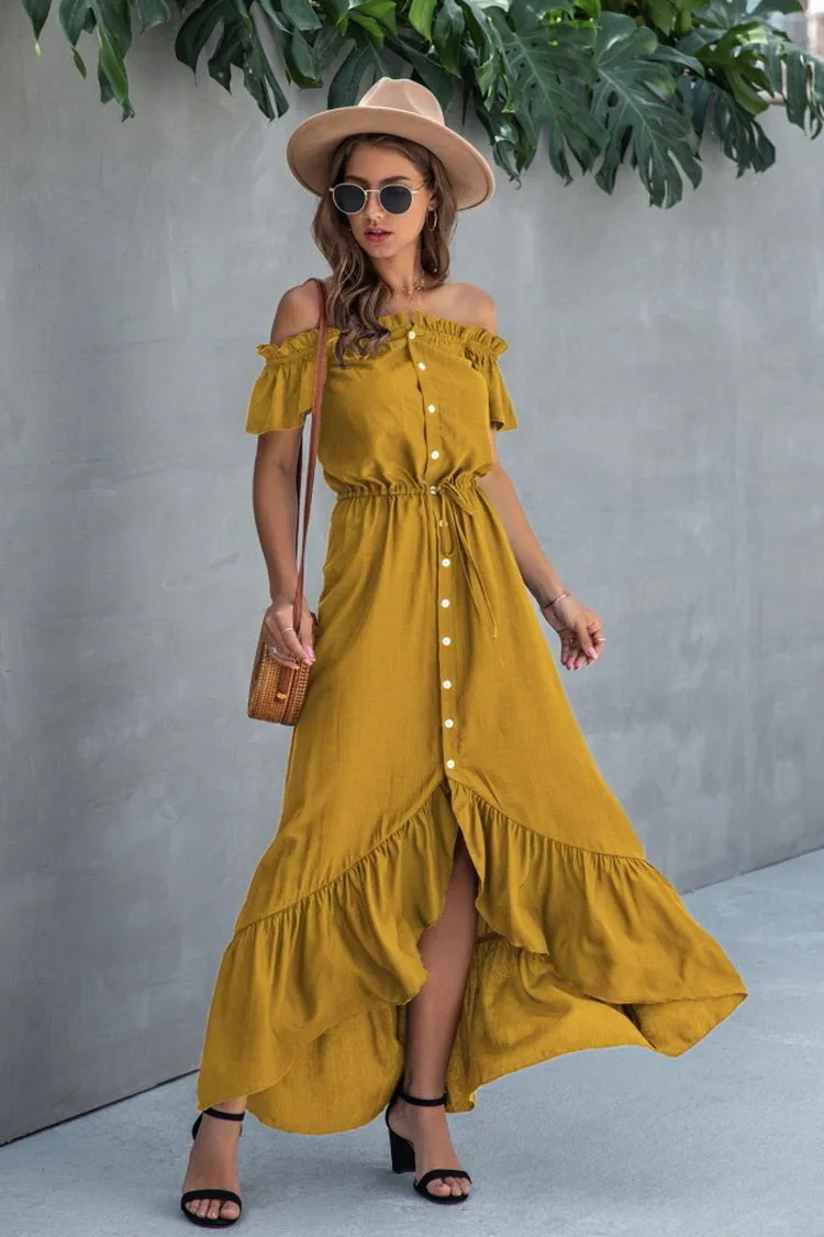 Irregular One-line Neckline Ruffle Dress