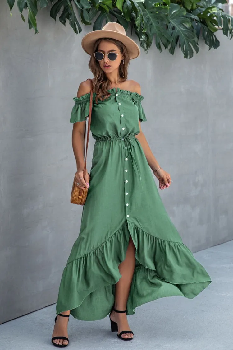 Irregular One-line Neckline Ruffle Dress