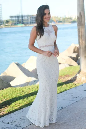 Ivory Lace Maxi Dress with Mesh Detail