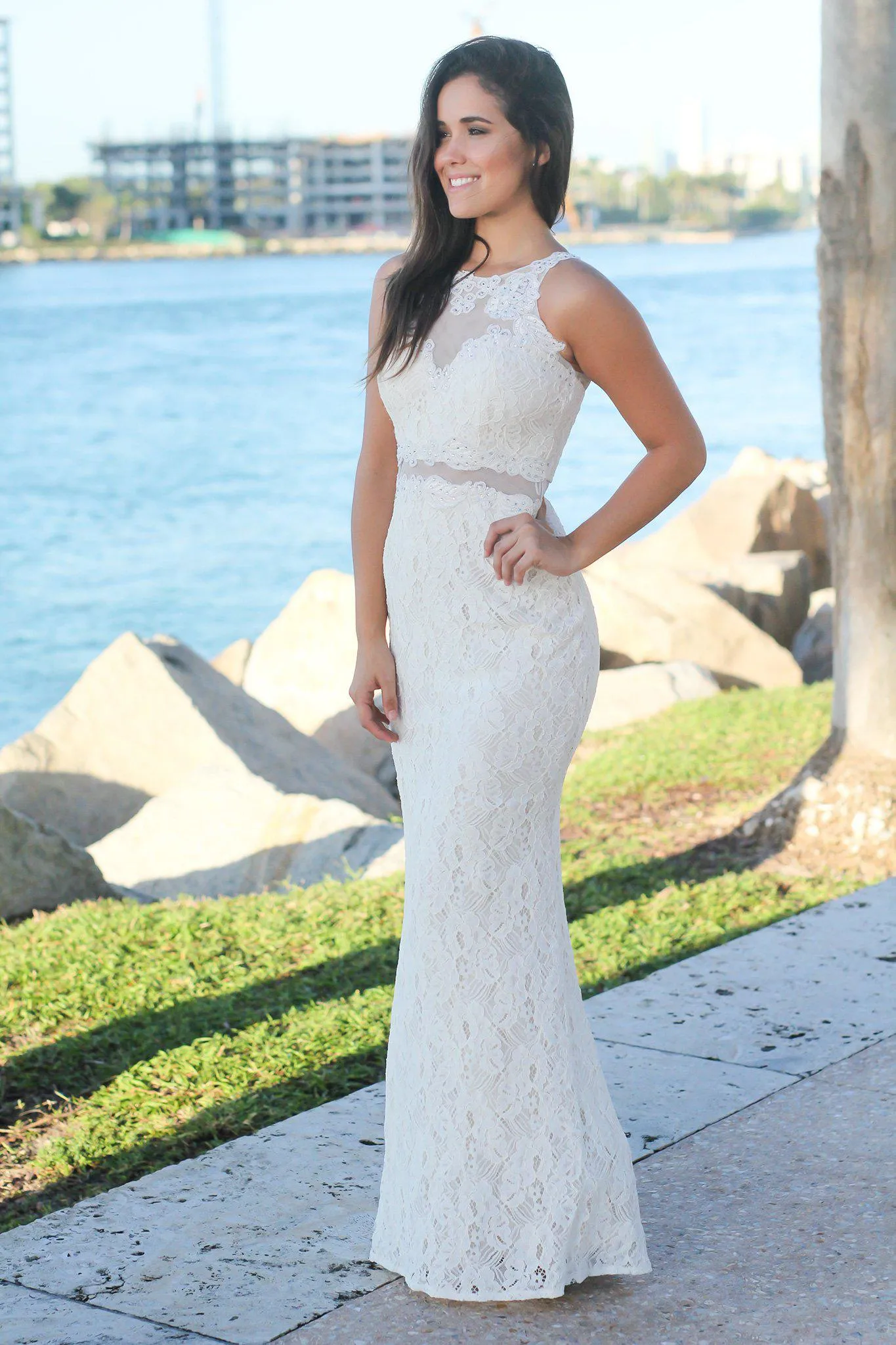 Ivory Lace Maxi Dress with Mesh Detail