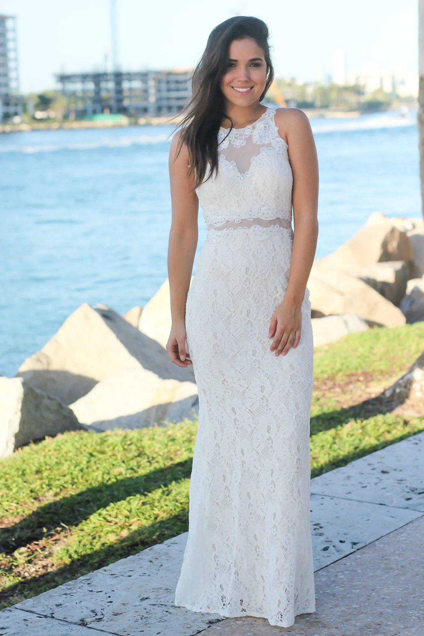 Ivory Lace Maxi Dress with Mesh Detail