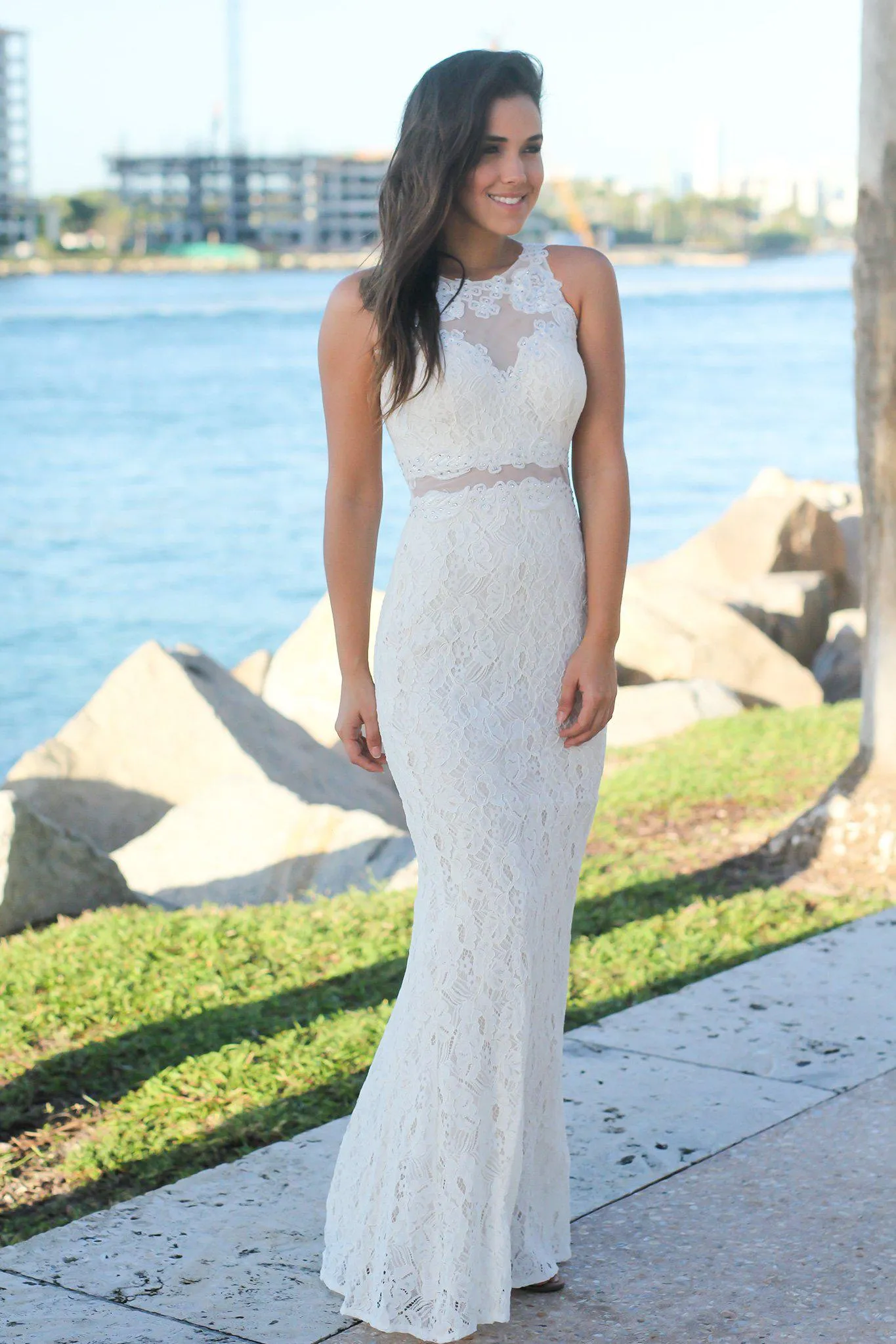 Ivory Lace Maxi Dress with Mesh Detail