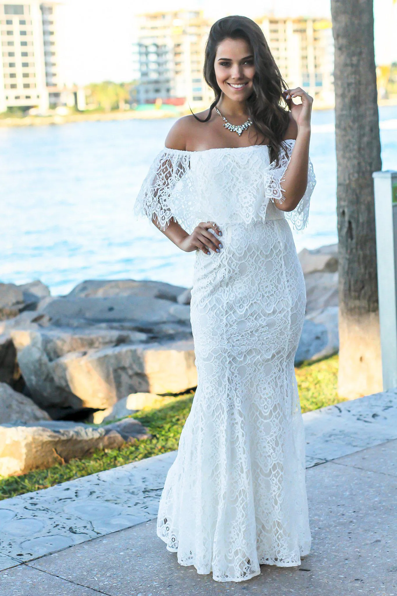 Ivory Off Shoulder Lace Maxi Dress