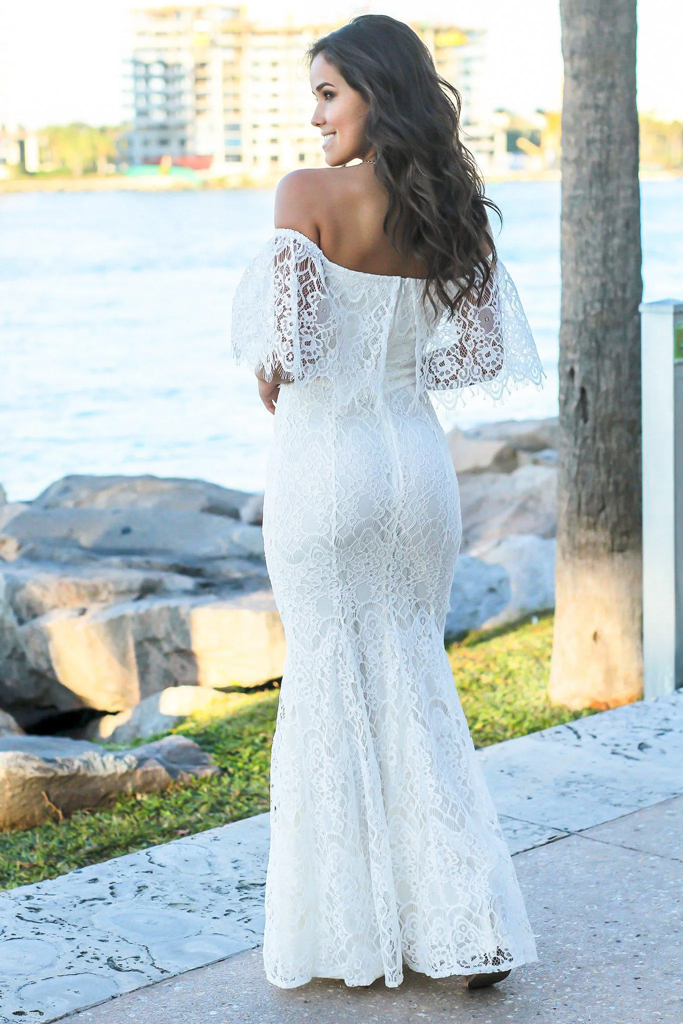 Ivory Off Shoulder Lace Maxi Dress