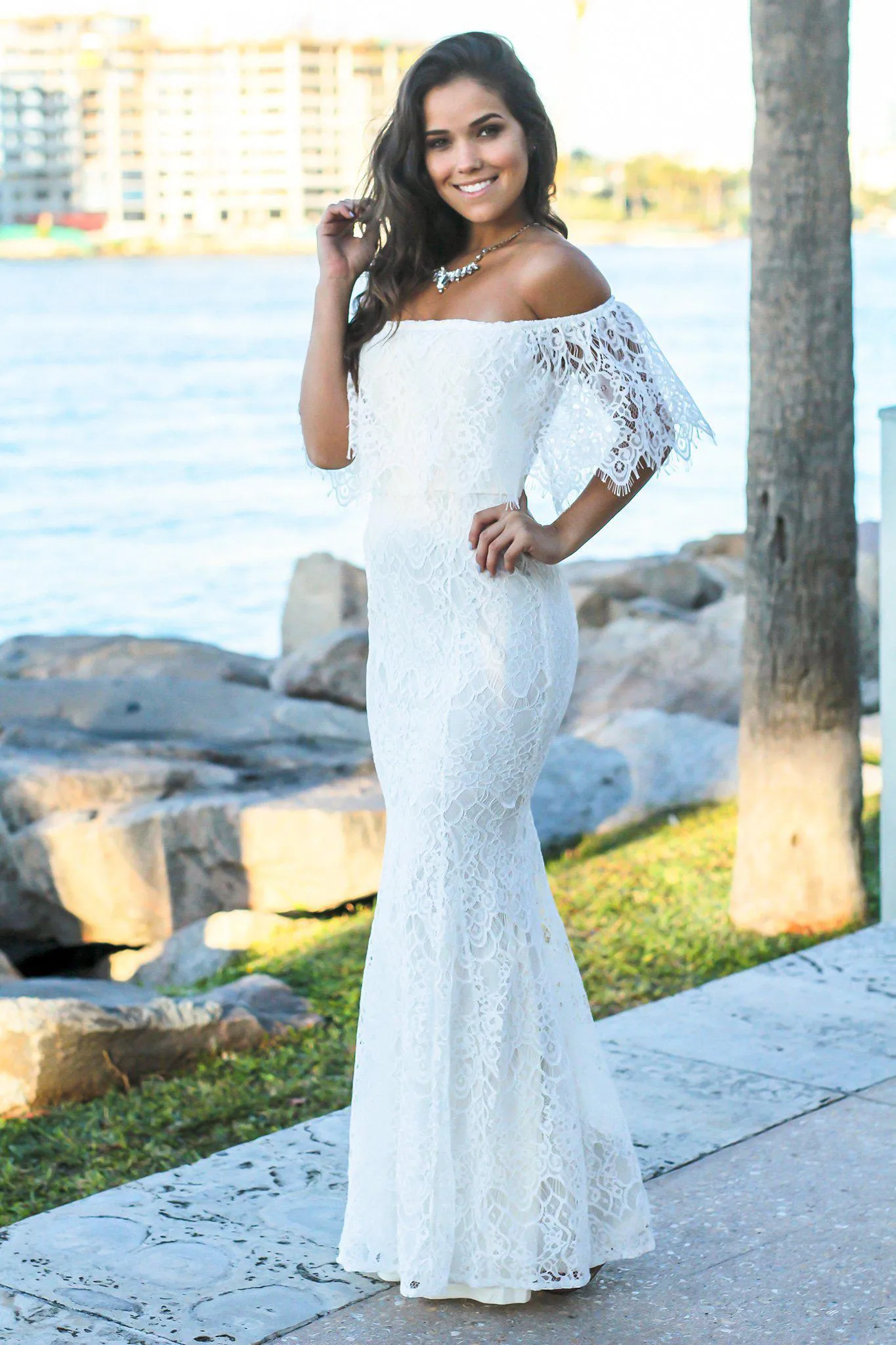 Ivory Off Shoulder Lace Maxi Dress