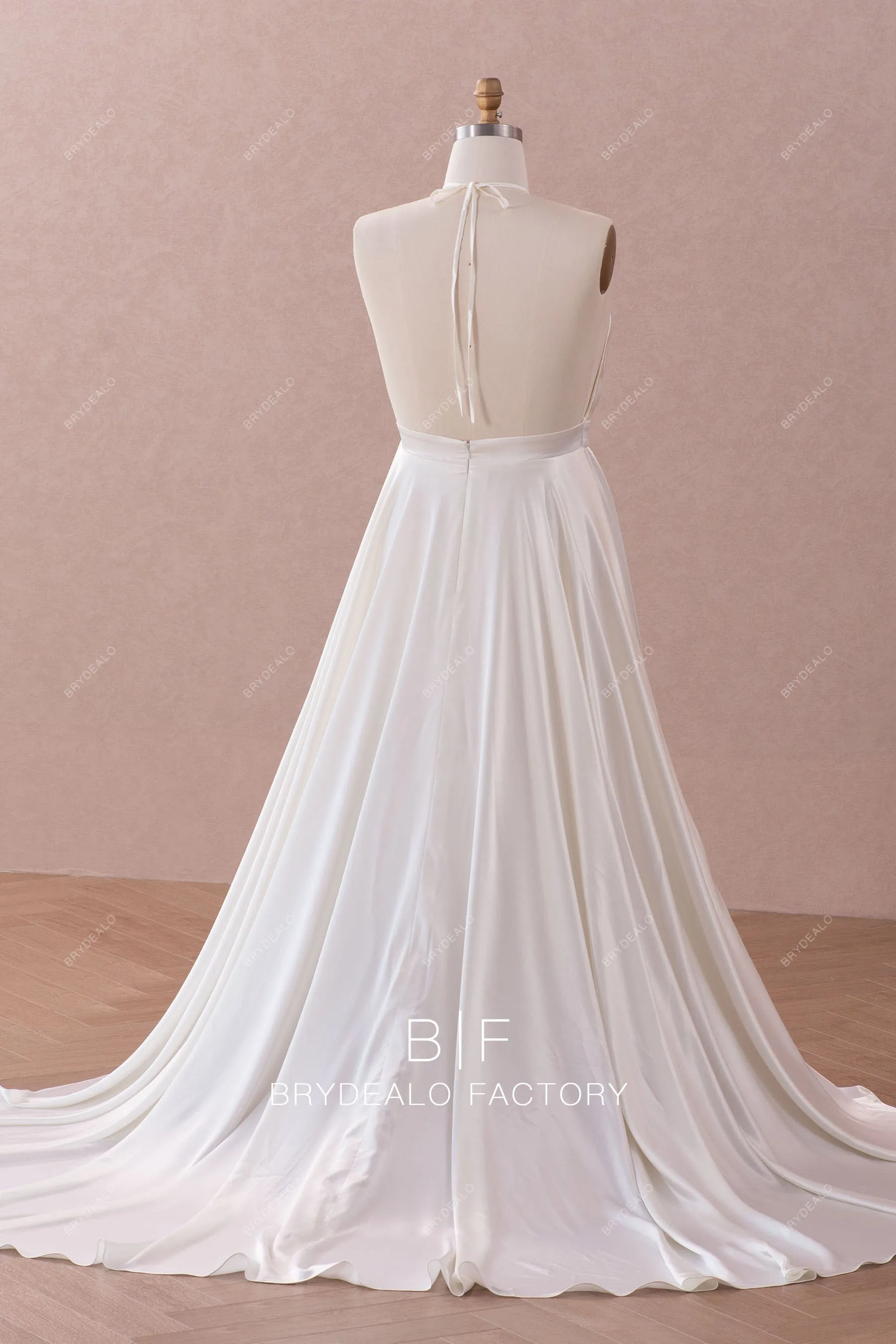 Ivory Silky Satin Plus Size Simple Halter Open Back Wedding Dress