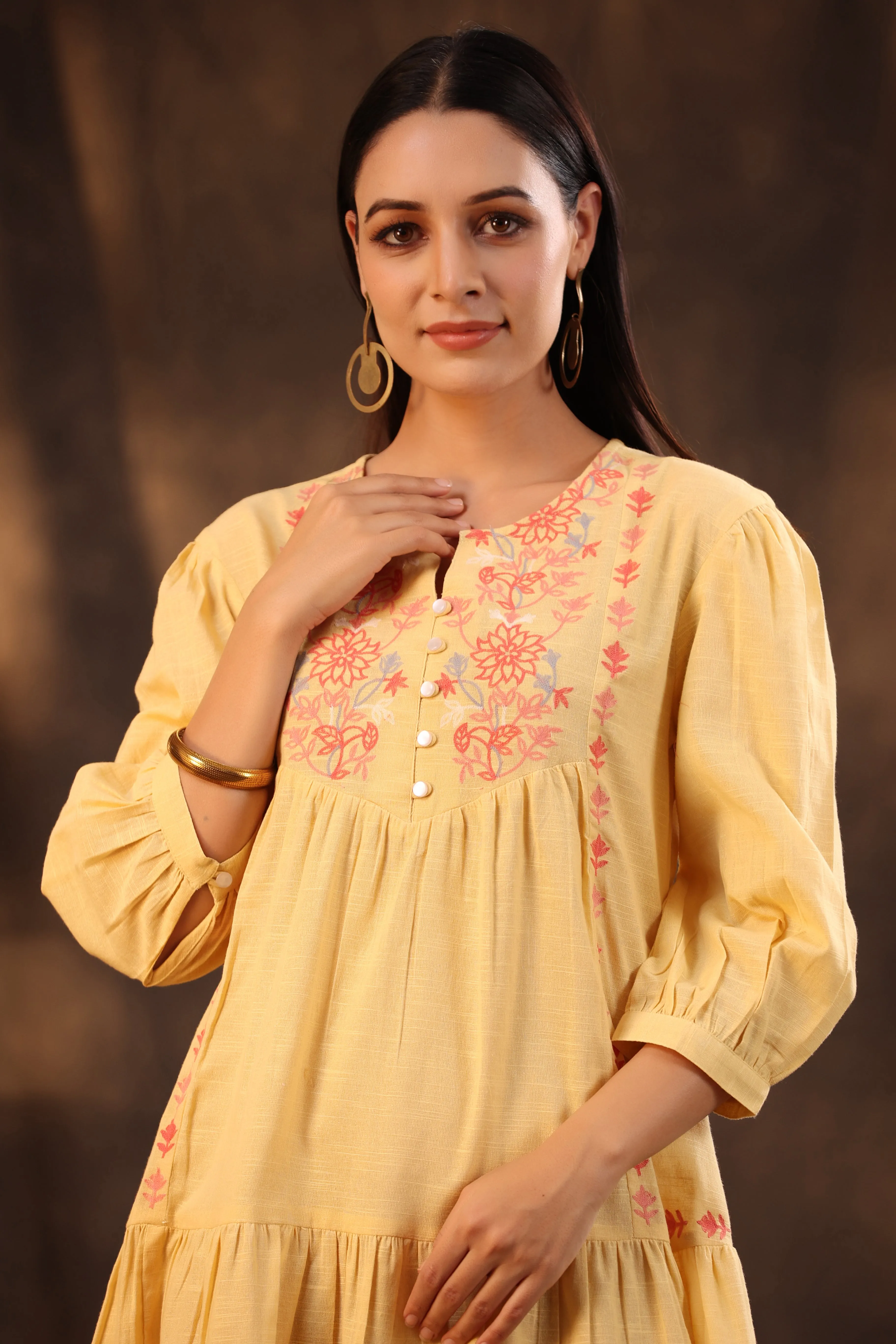 Jashvi Yellow Floral Printed Cotton Slub Tiered Midi Dress With Thread Embroidery