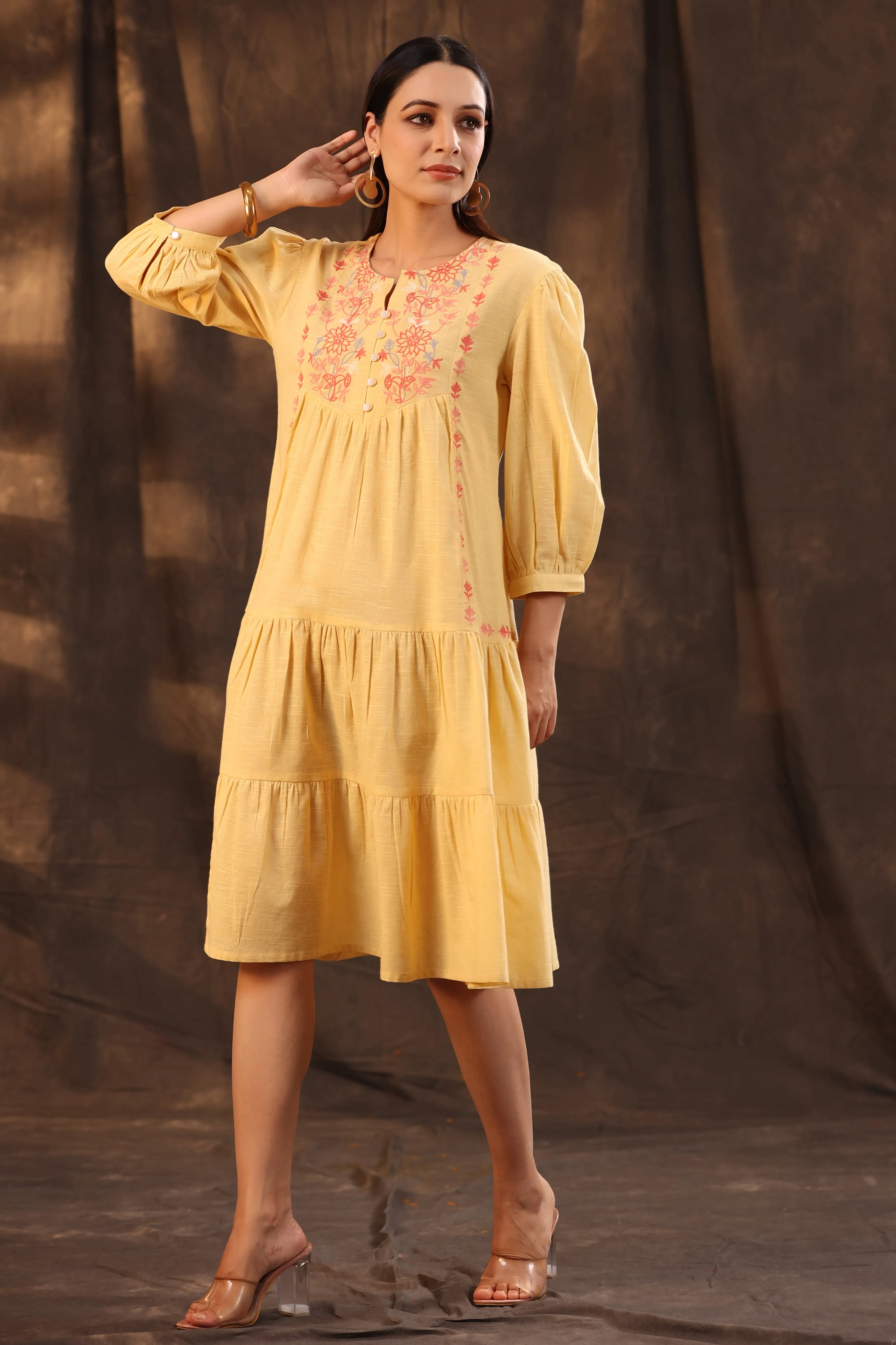 Jashvi Yellow Floral Printed Cotton Slub Tiered Midi Dress With Thread Embroidery