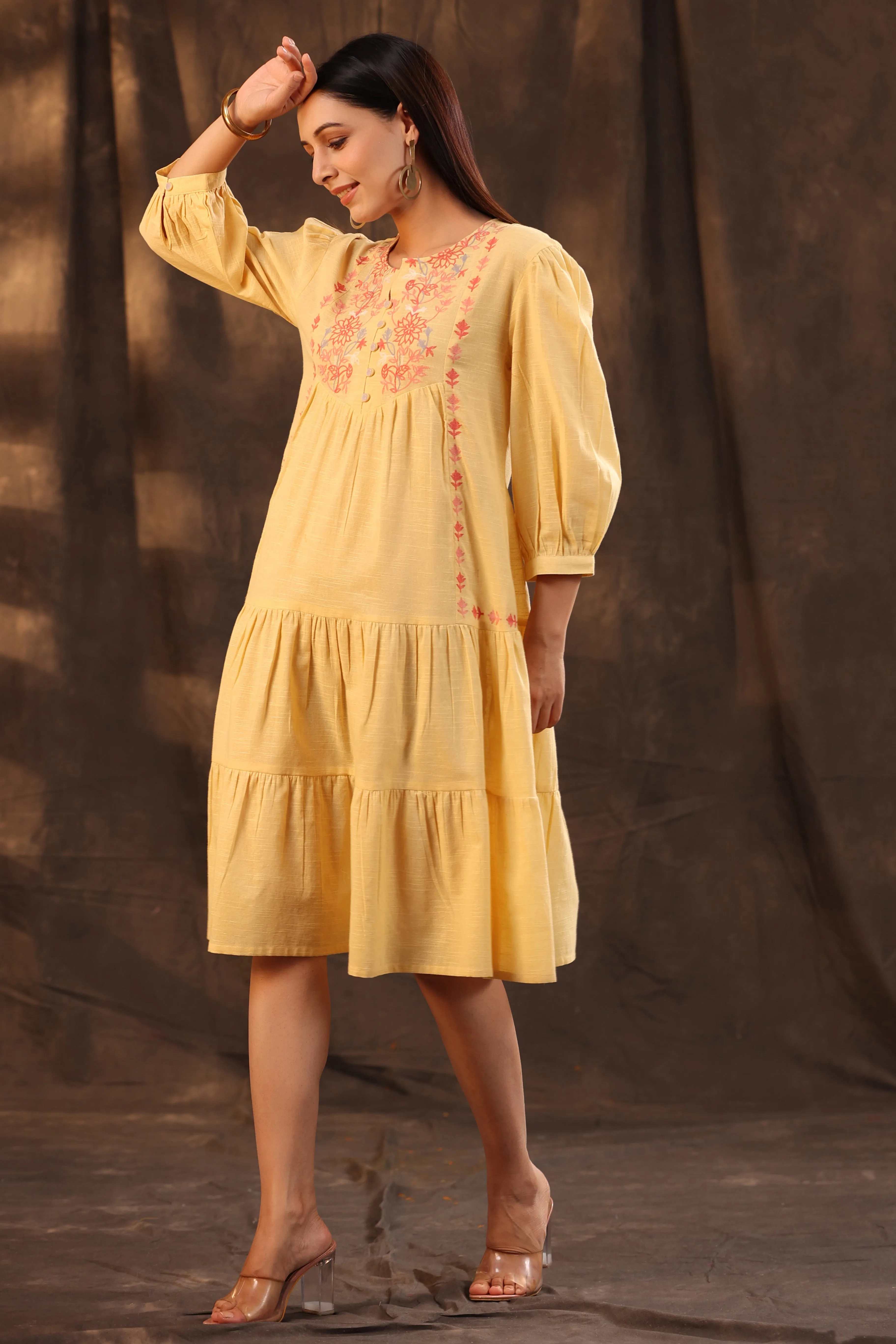 Jashvi Yellow Floral Printed Cotton Slub Tiered Midi Dress With Thread Embroidery