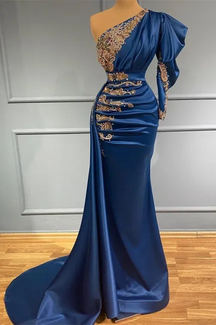 kamahe Royal Blue Asymmetric One Shoulder Stretch Satin Evening Prom Dresses with Appliques