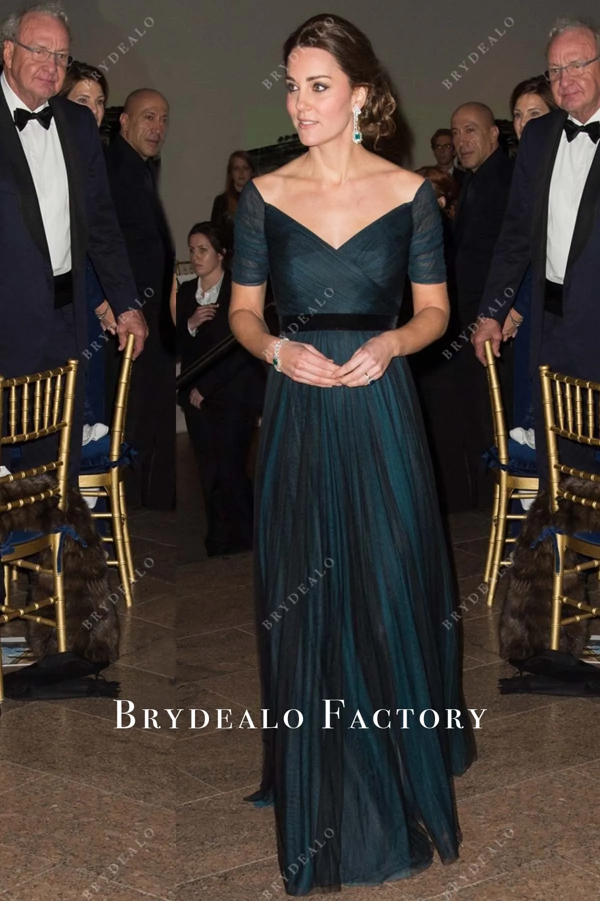 Kate Middleton Black Overlaid Peacock A-line Long Dress