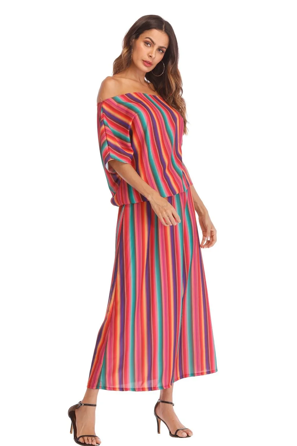 Large Size Off Shoulder Loose Rainbow Stripe Bohemian Dress