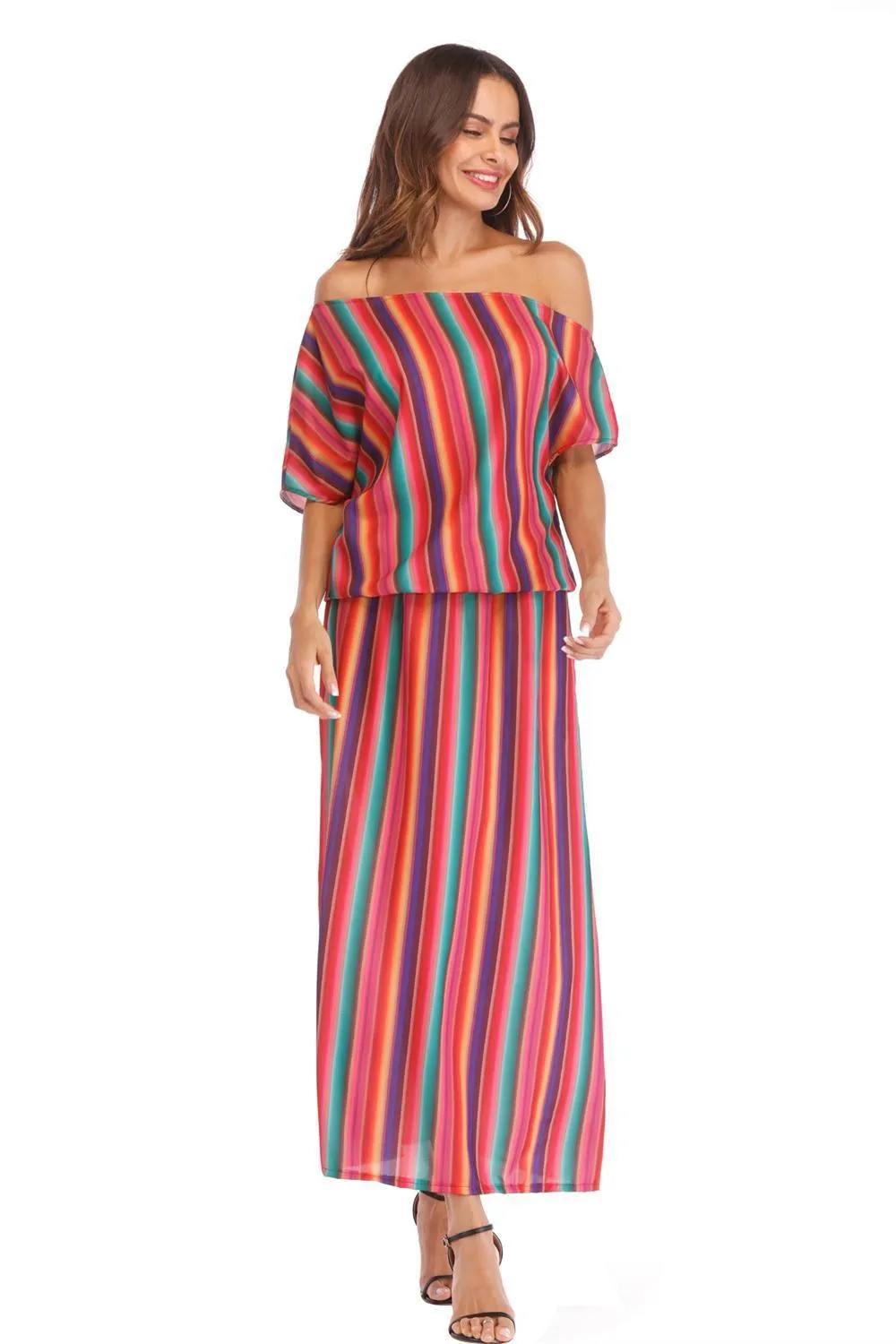 Large Size Off Shoulder Loose Rainbow Stripe Bohemian Dress