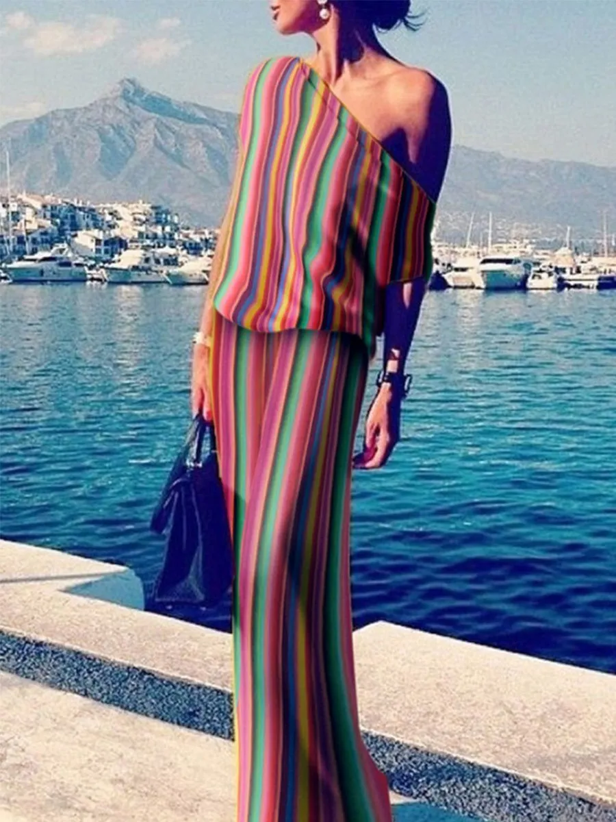 Large Size Off Shoulder Loose Rainbow Stripe Bohemian Dress