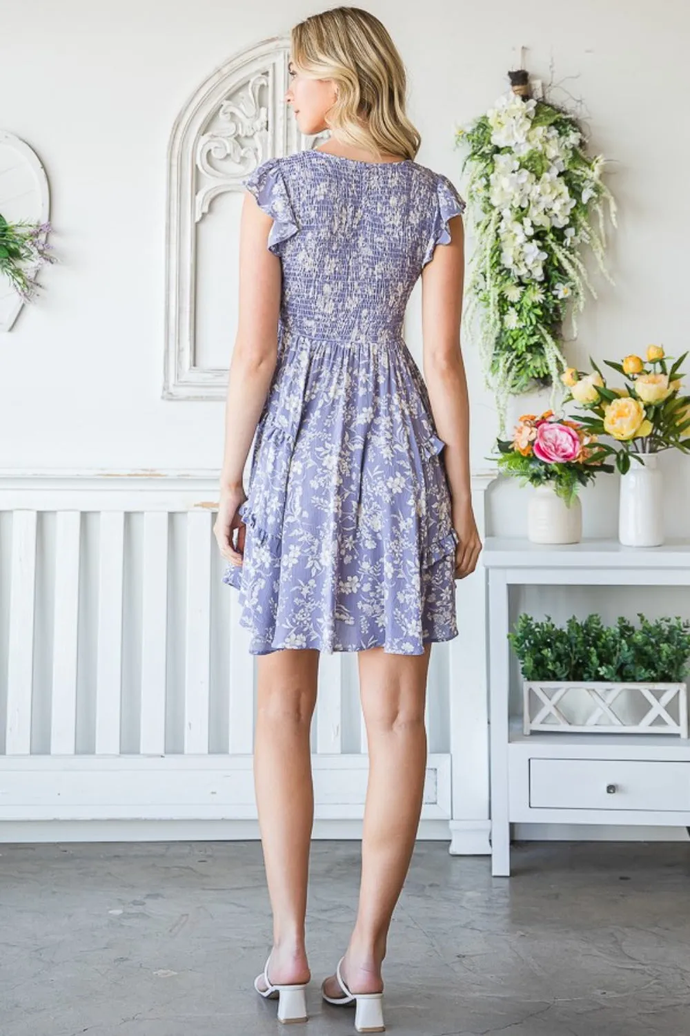 Lavender & Floral Ruffle Trim Mini Summer Dress