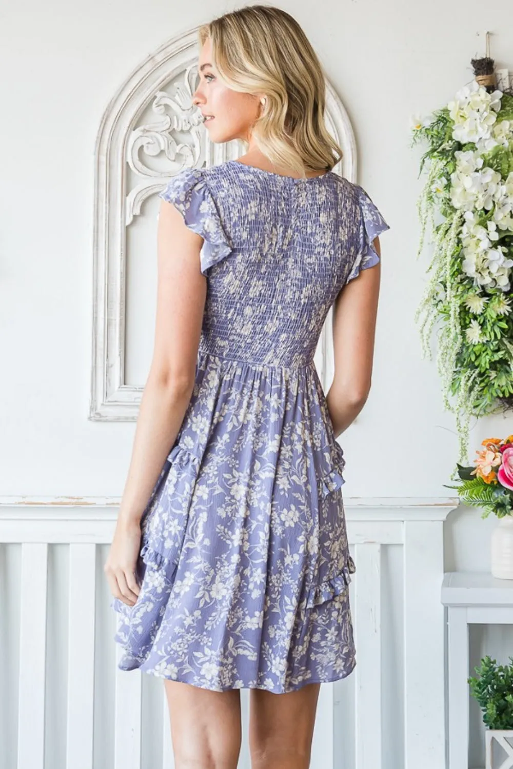 Lavender & Floral Ruffle Trim Mini Summer Dress