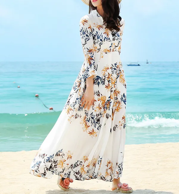 Leaf Print Bohemian Casual Long Sleeve Big hem Maxi Dress