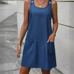 Leisure Fashion Round Neck Sleeveless Denim Sling Mid-length Dress