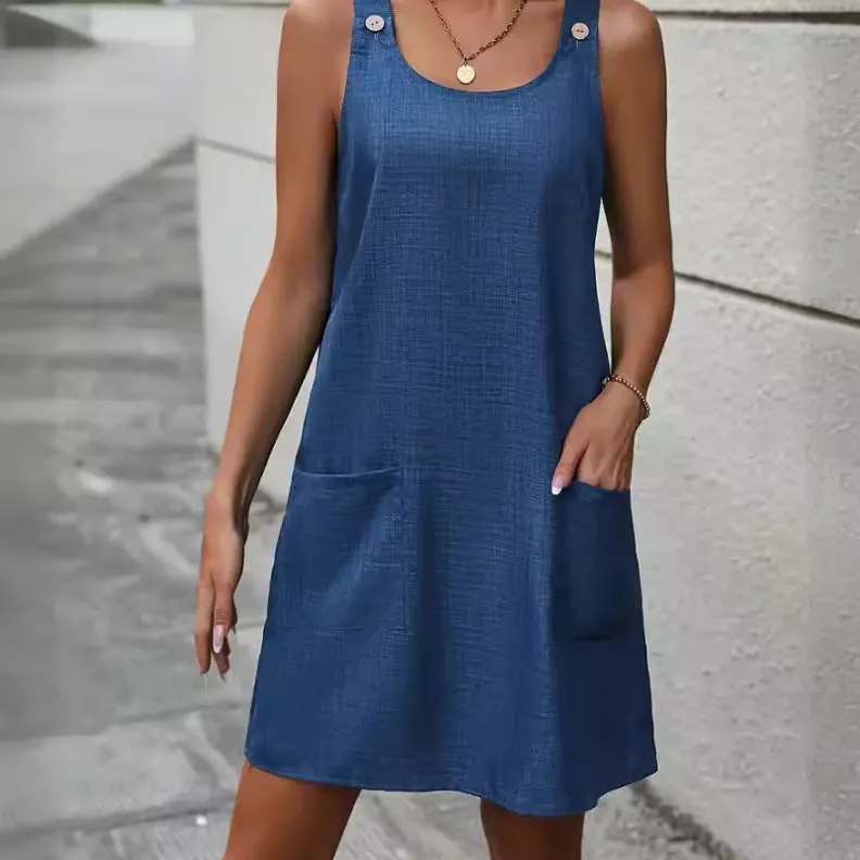 Leisure Fashion Round Neck Sleeveless Denim Sling Mid-length Dress