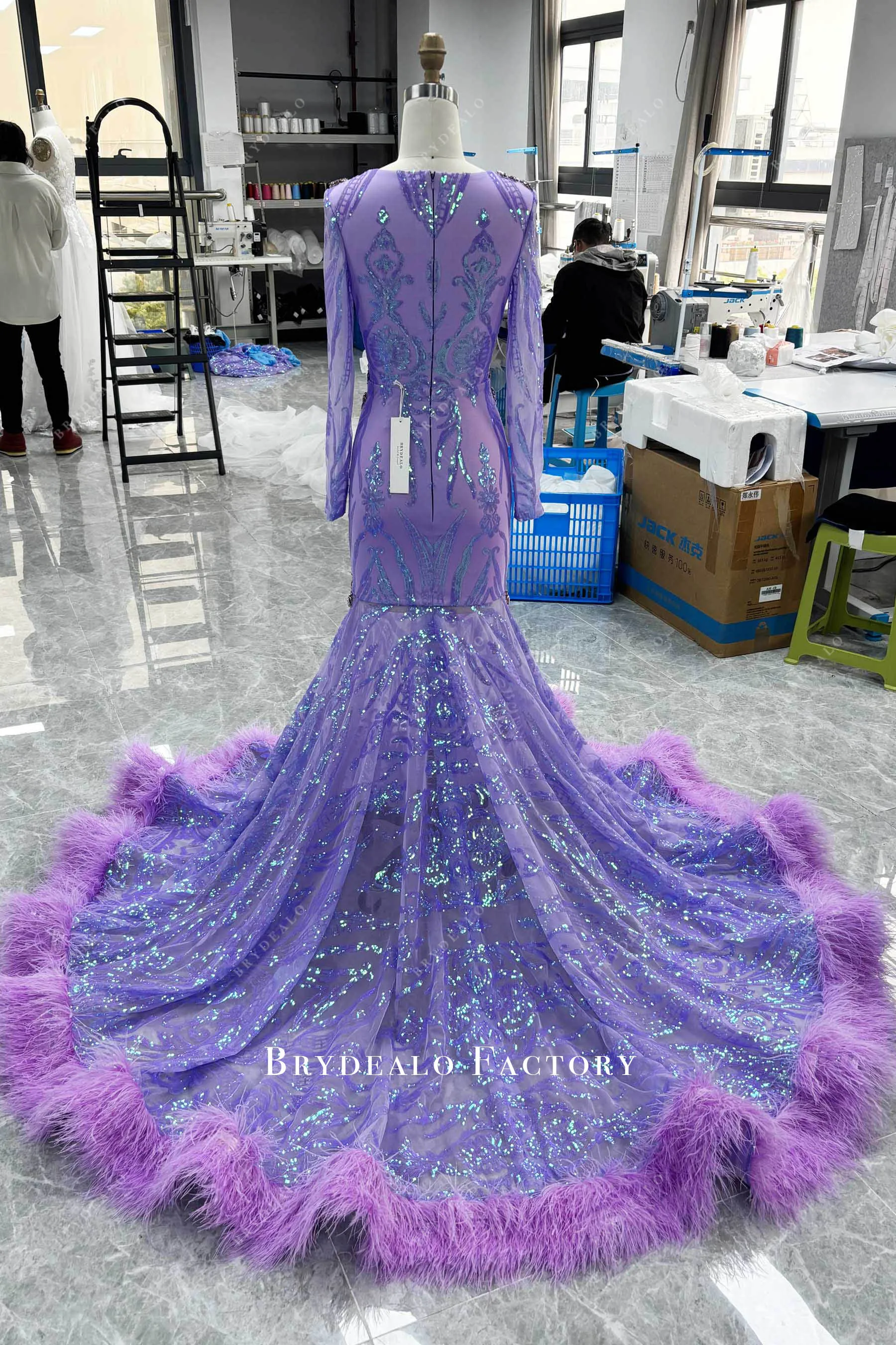 Lilac Luxury Rhinestone Sequin Feather Prom Dress