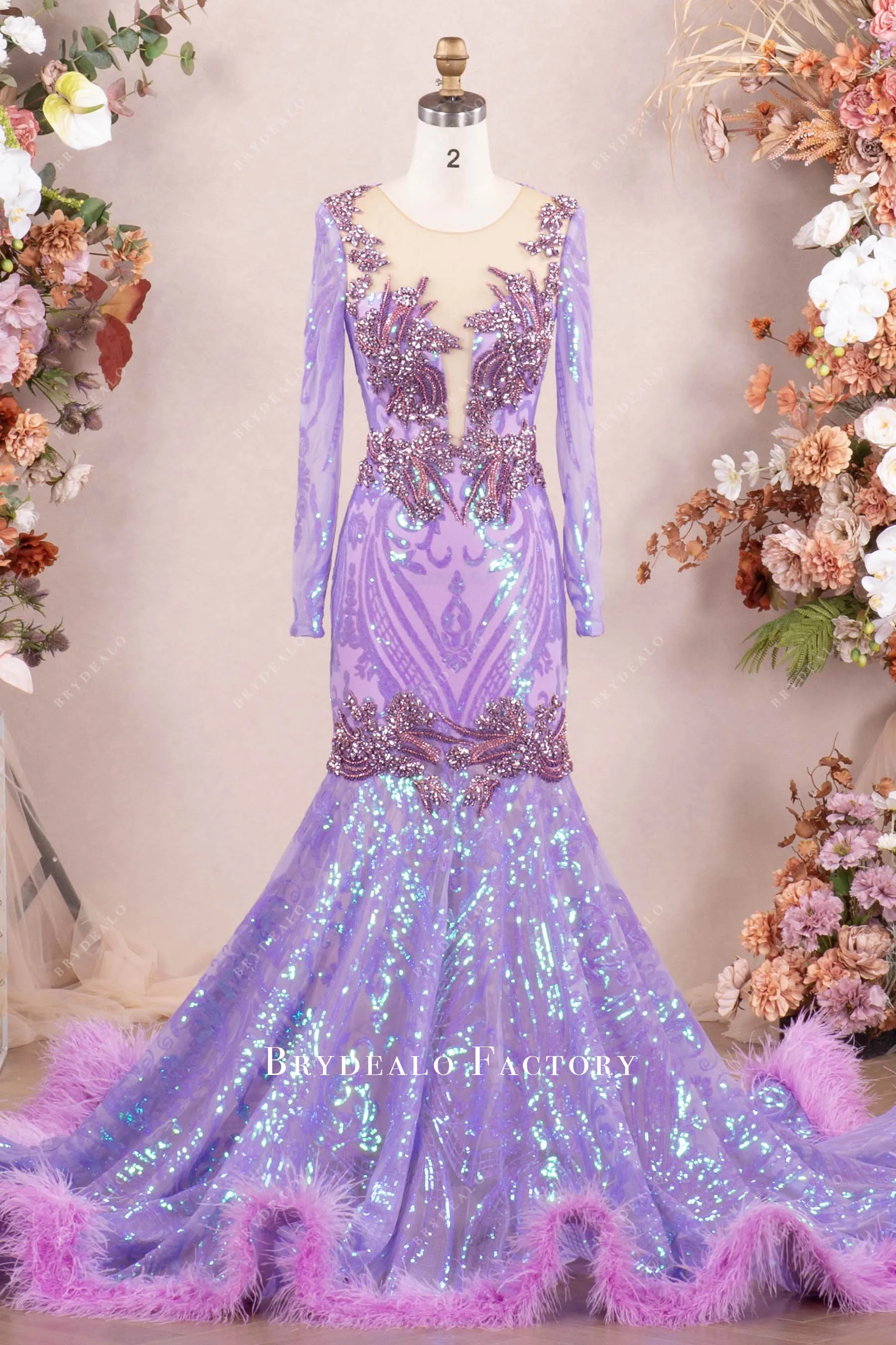 Lilac Luxury Rhinestone Sequin Feather Prom Dress