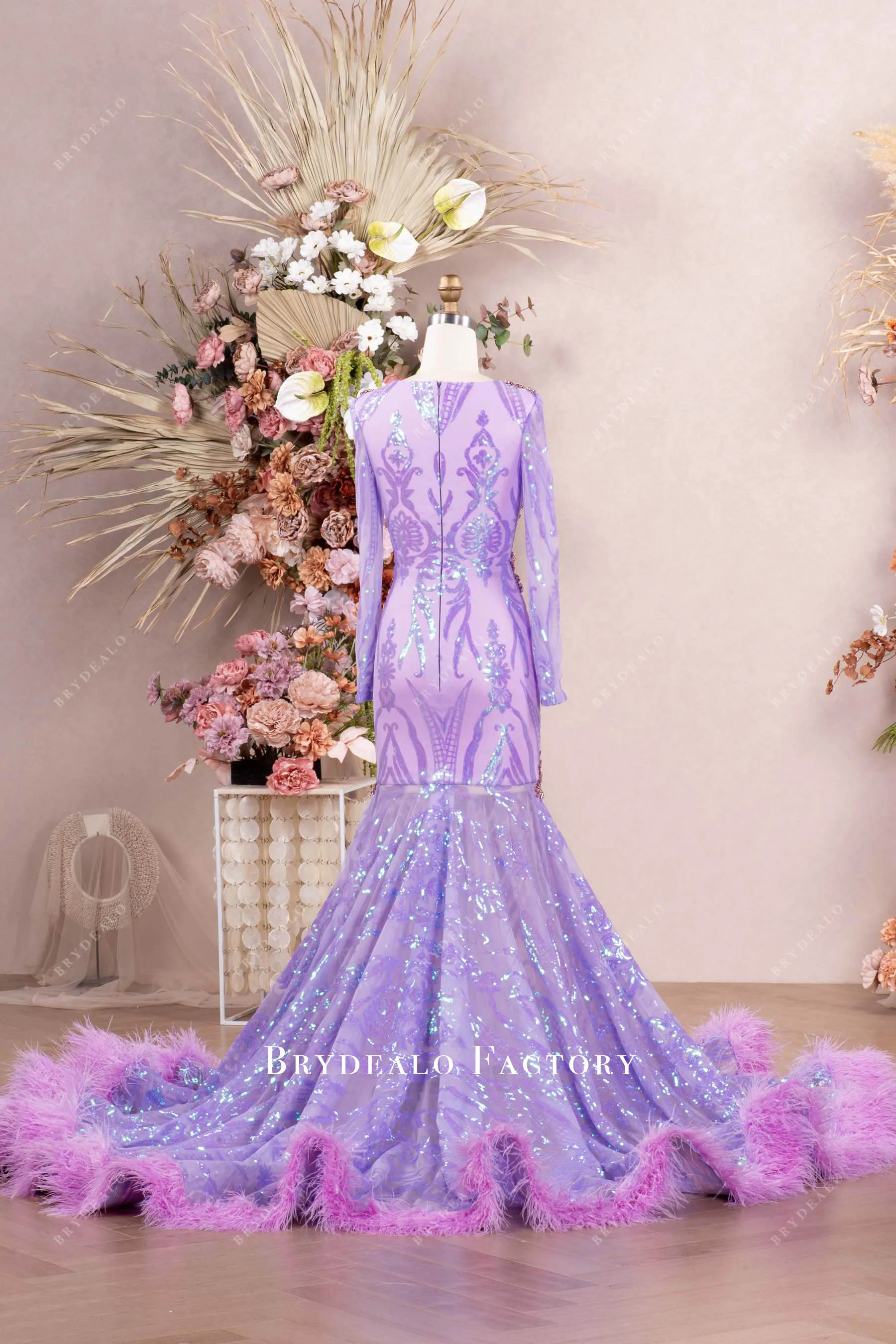 Lilac Luxury Rhinestone Sequin Feather Prom Dress