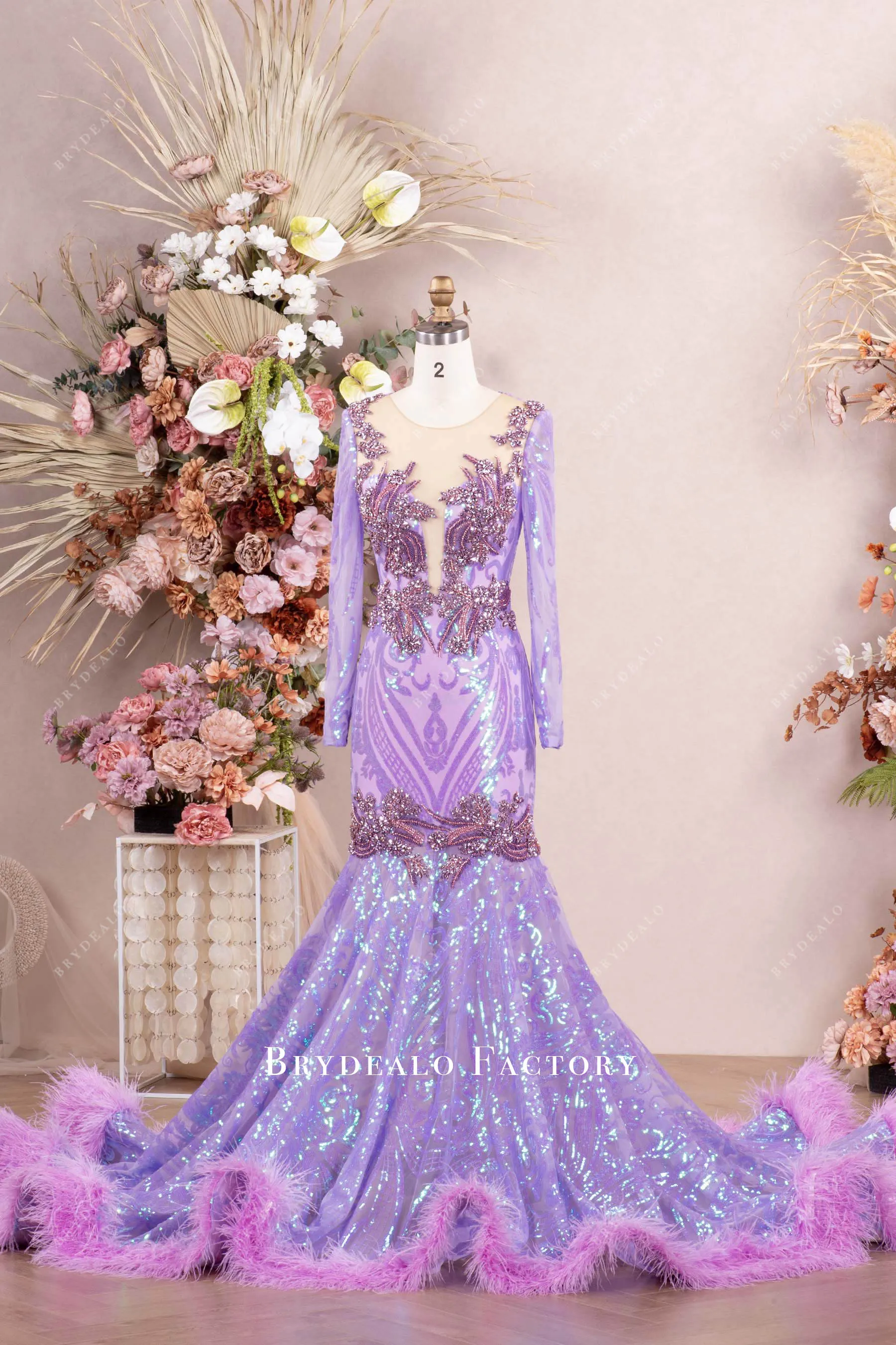 Lilac Luxury Rhinestone Sequin Feather Prom Dress