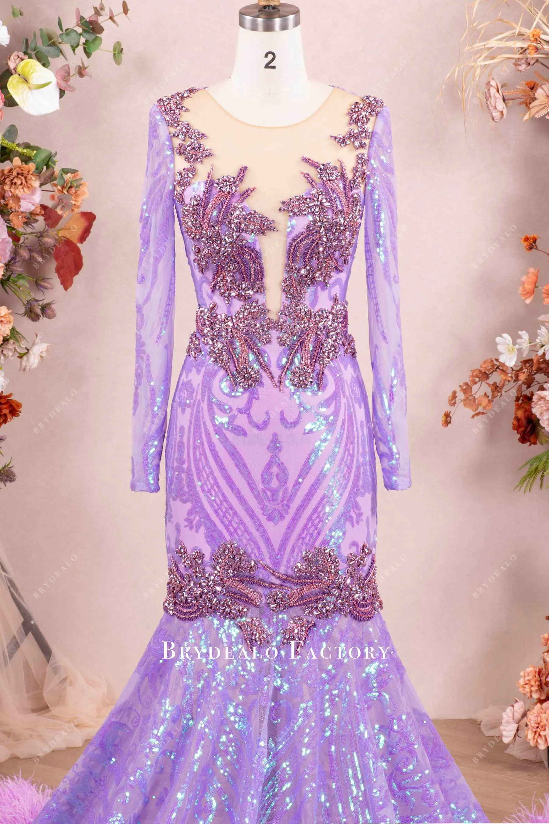 Lilac Luxury Rhinestone Sequin Feather Prom Dress