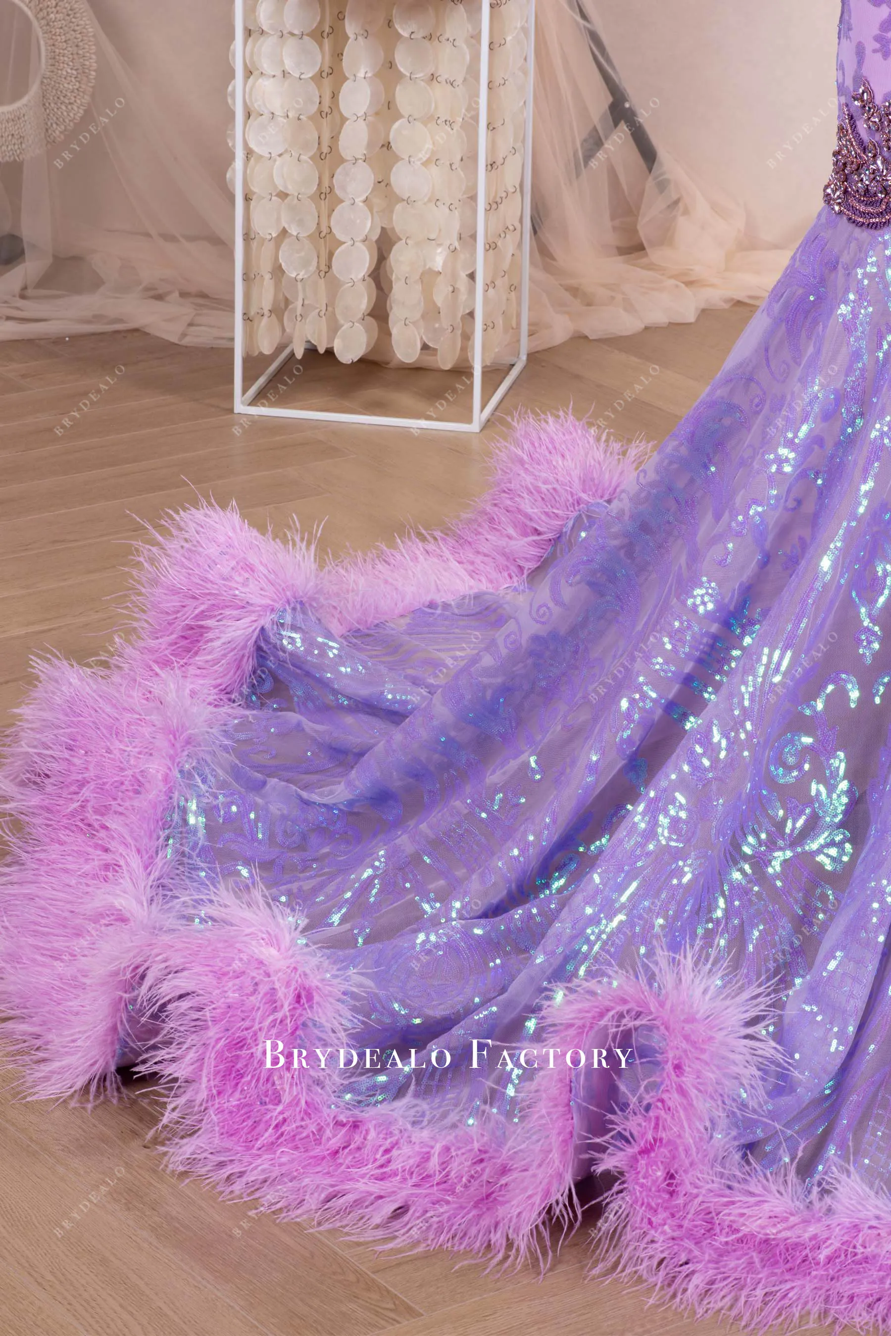 Lilac Luxury Rhinestone Sequin Feather Prom Dress