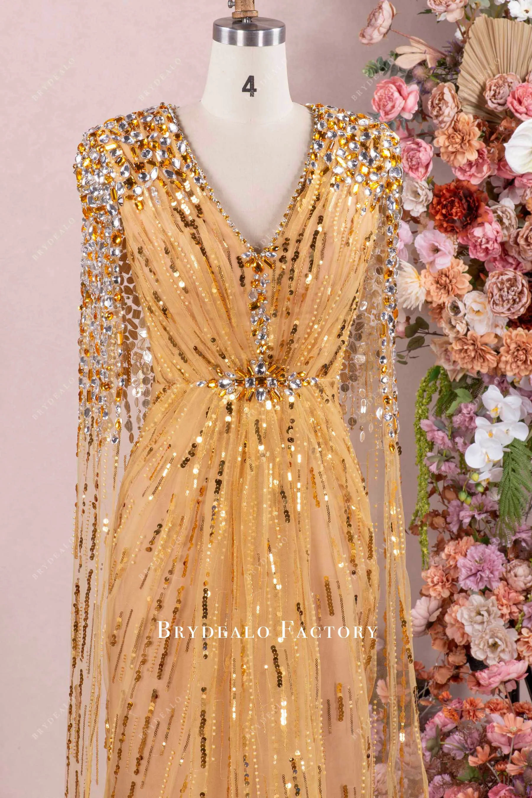 Luxurious Various Rhinestones Gold Cape Dress