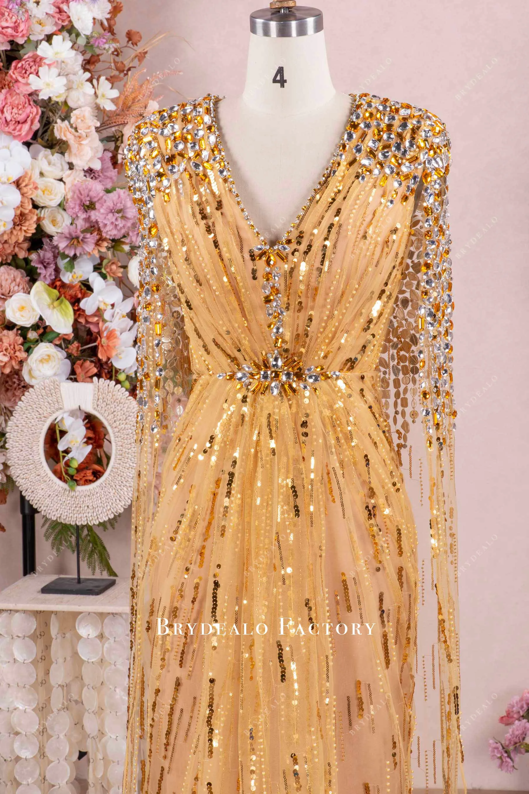 Luxurious Various Rhinestones Gold Cape Dress