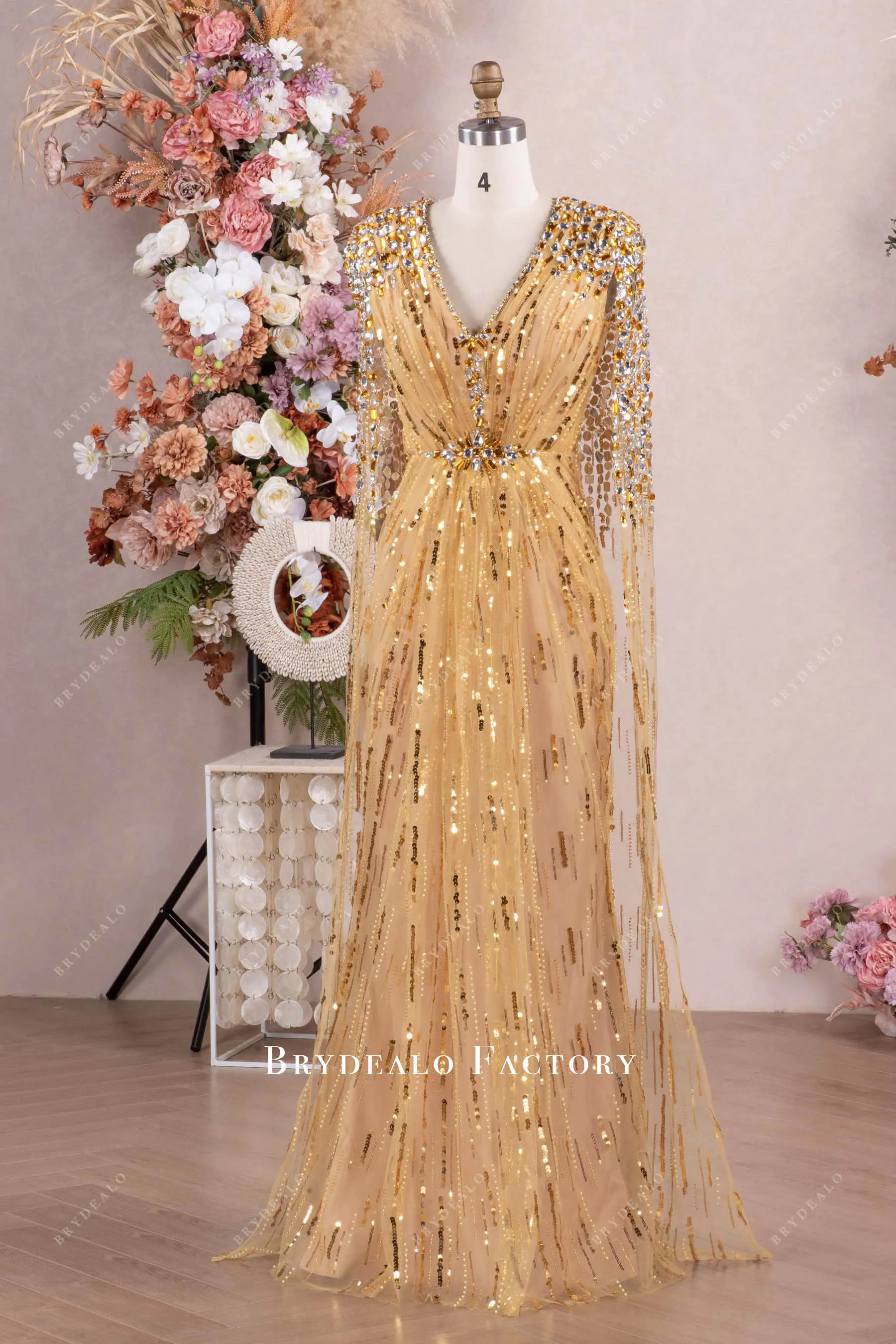 Luxurious Various Rhinestones Gold Cape Dress