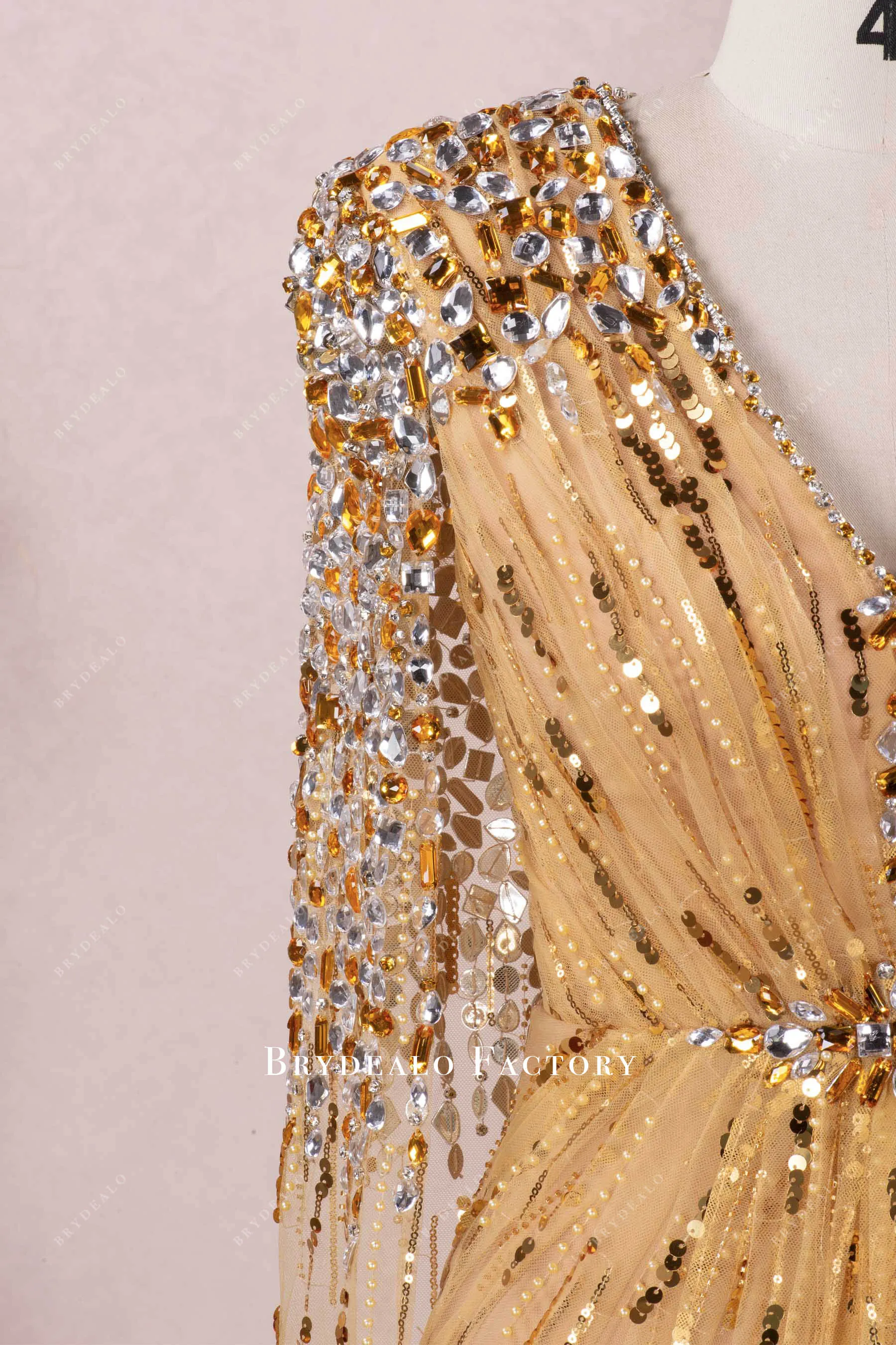 Luxurious Various Rhinestones Gold Cape Dress