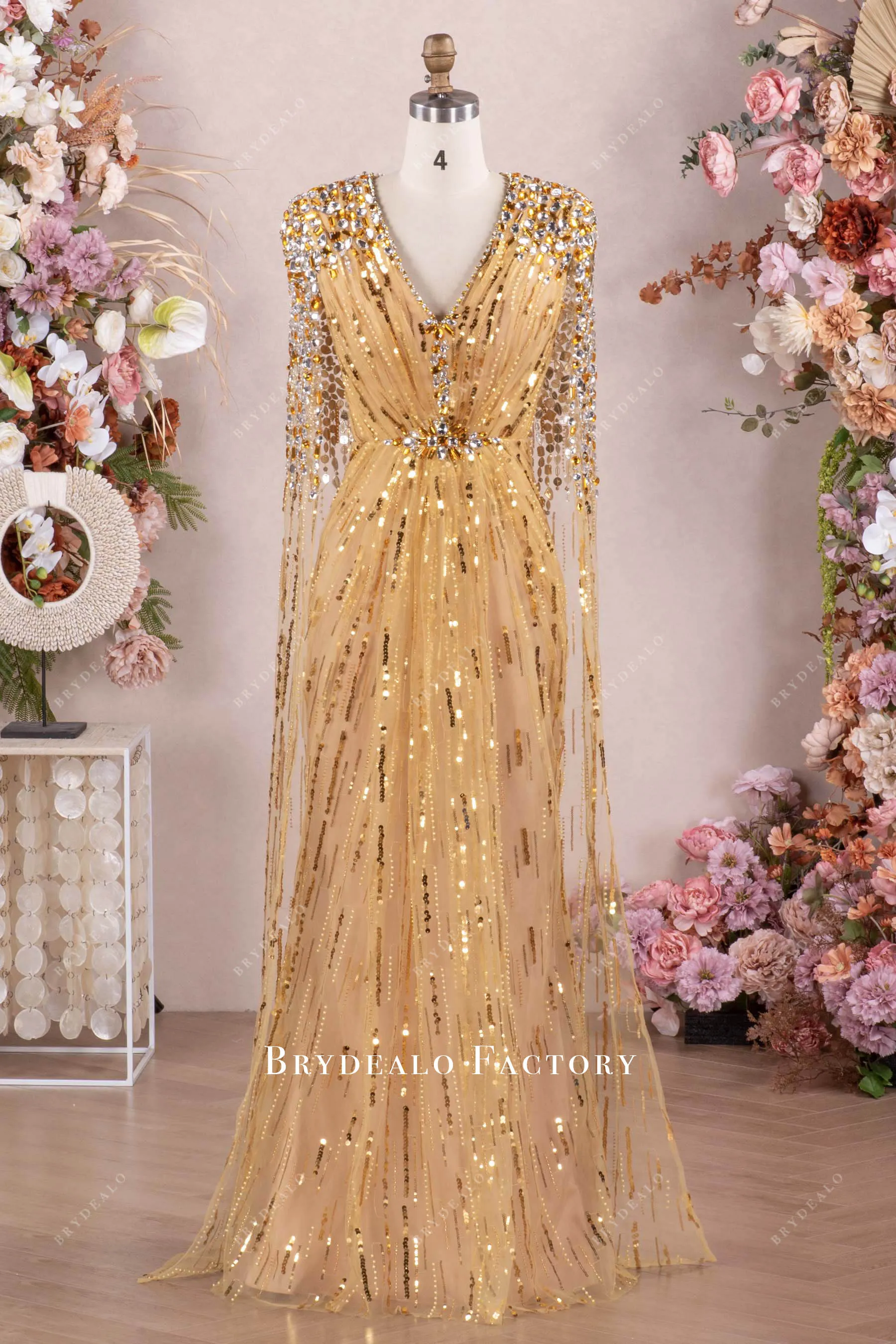 Luxurious Various Rhinestones Gold Cape Dress