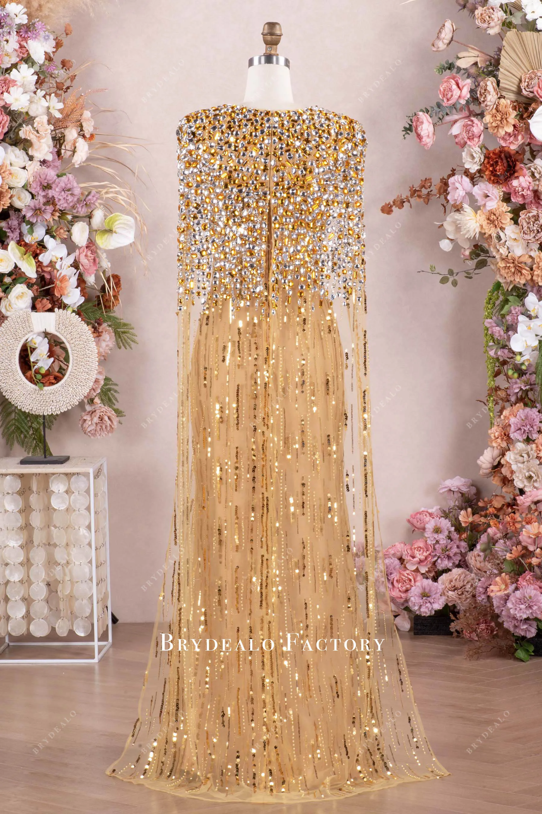 Luxurious Various Rhinestones Gold Cape Dress