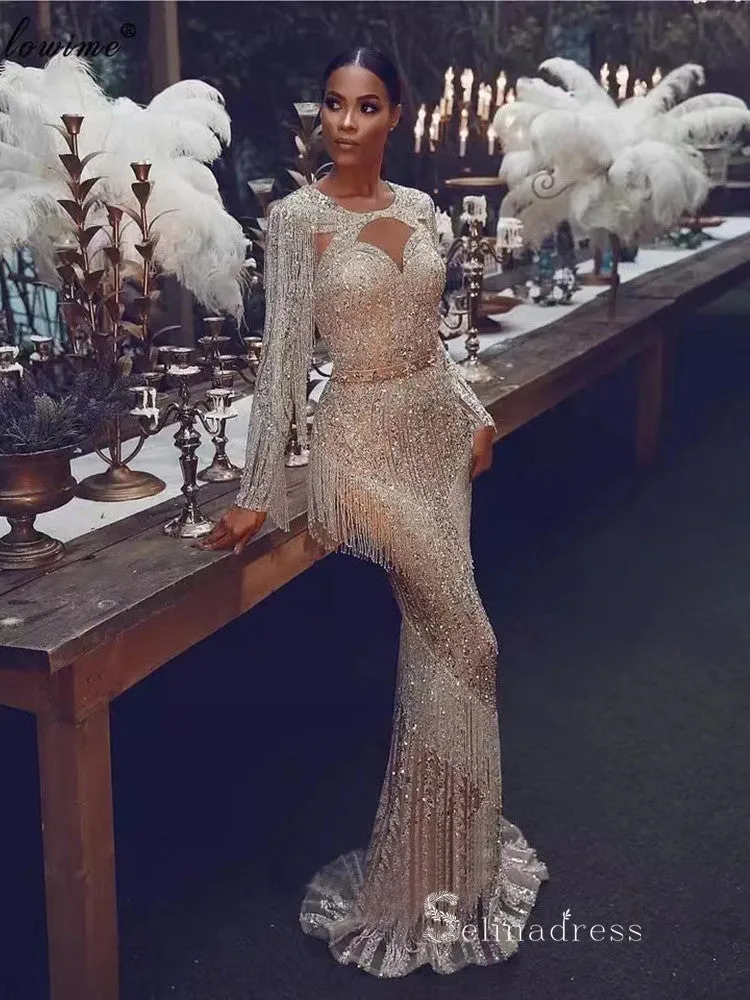 luxury Mermaid Scoop Long Sleeve Beaded Long Prom Dress Sparkly Evening Gowns MLH0477