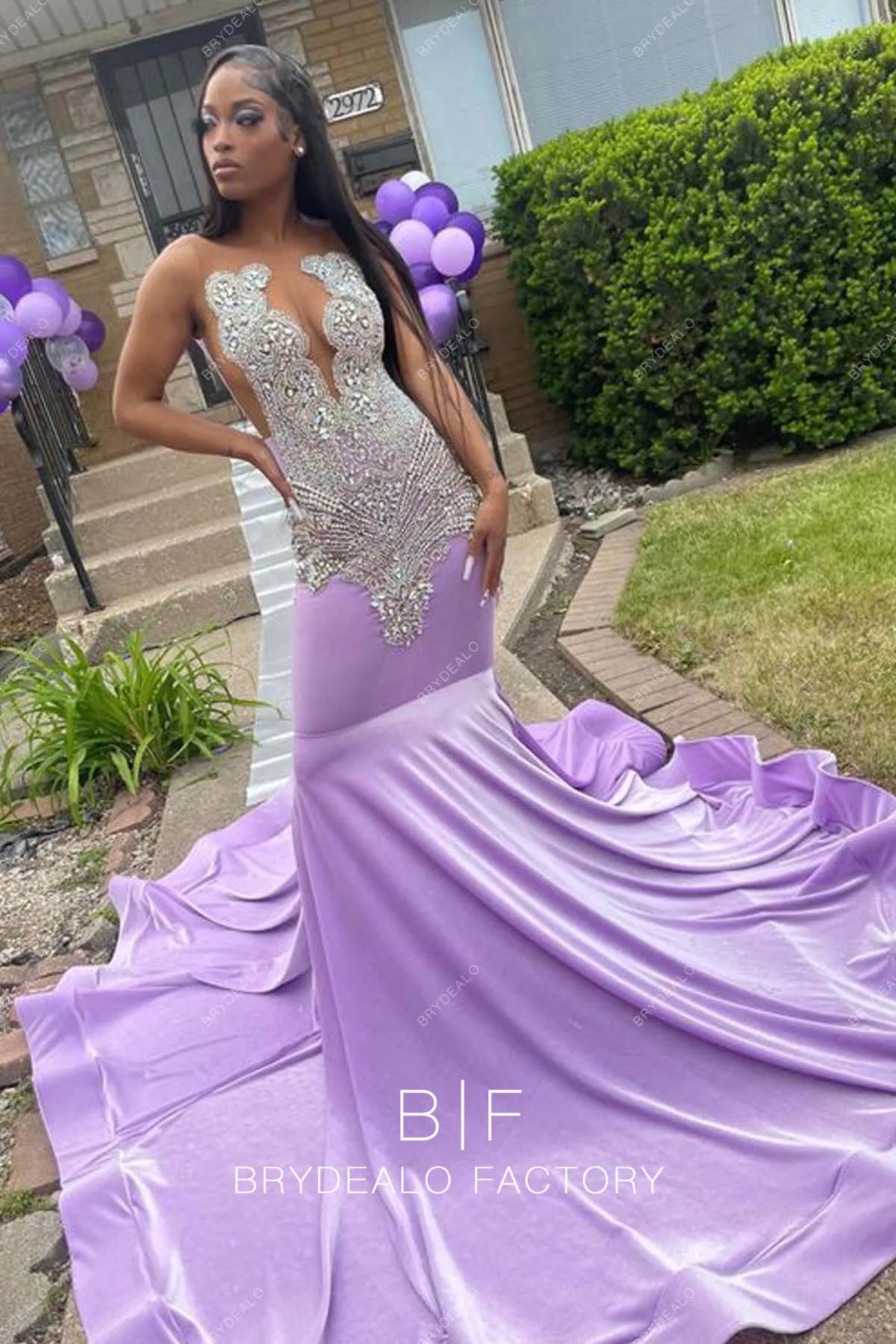 Luxury Rhinestones Lilac Jersey Mermaid Long Train Prom Dress