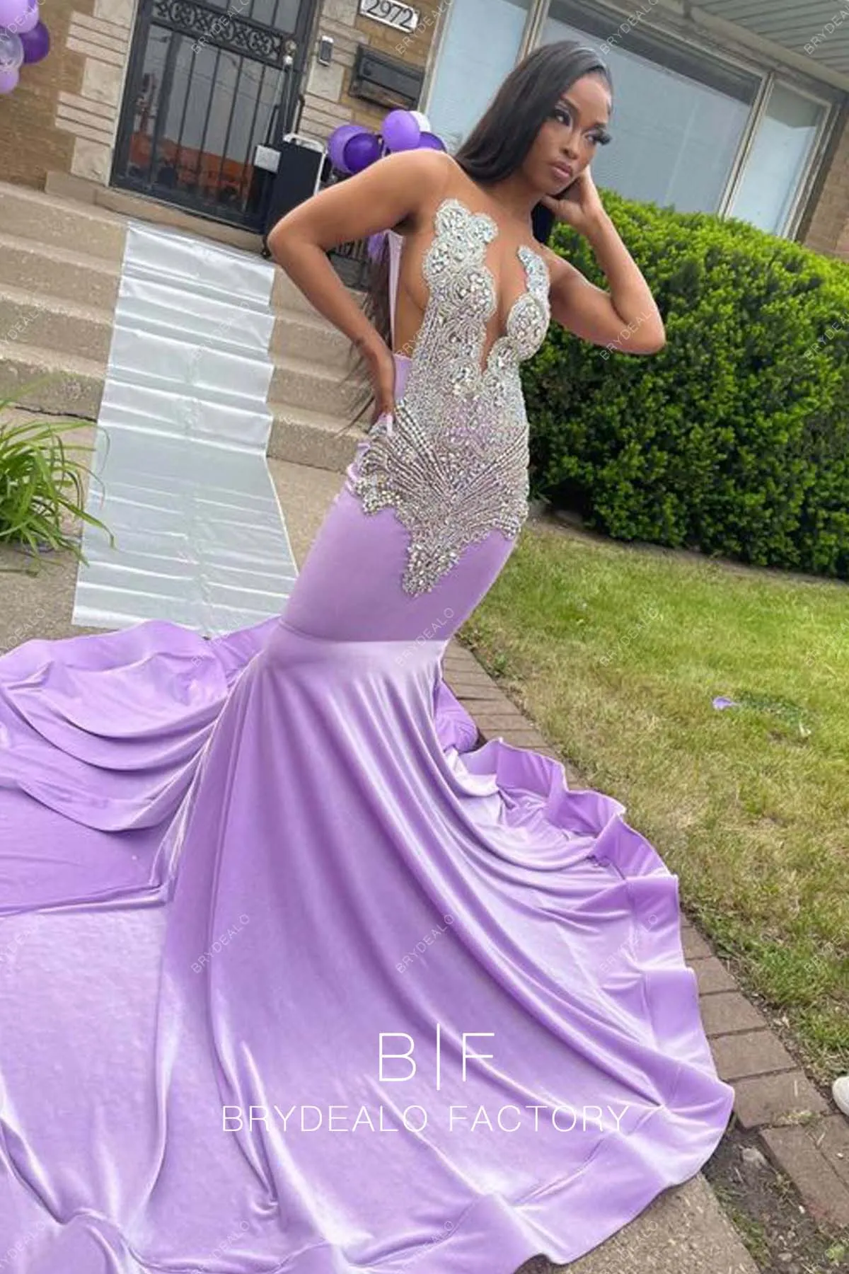 Luxury Rhinestones Lilac Jersey Mermaid Long Train Prom Dress