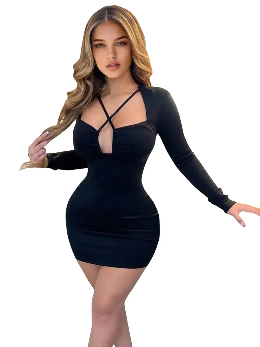 LVSANW CUTENOVA 2024 Spring Solid Color Long Sleeve Slim Wrap Hip Square Neck Hollow Out Mini Dress Sexy Nightclub Style Strappy Dress