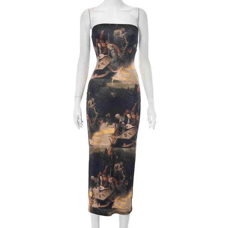 LVSANW CUTENOVA Sexy Strapless Oil Painting Printing Mesh Slim Midi Dress Female Chic Brand Party Vestidos