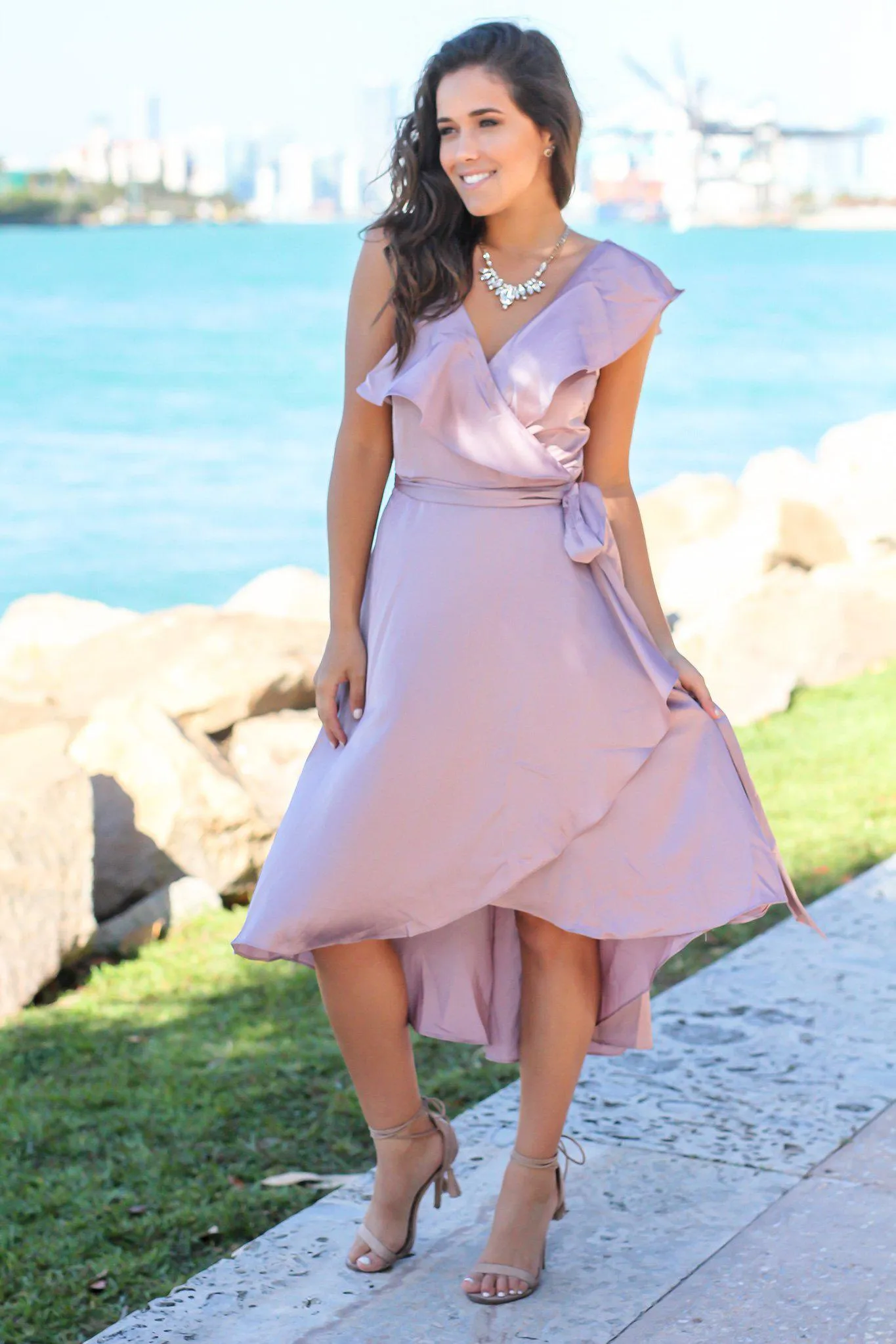 Mauve Wrap Dress with Ruffles