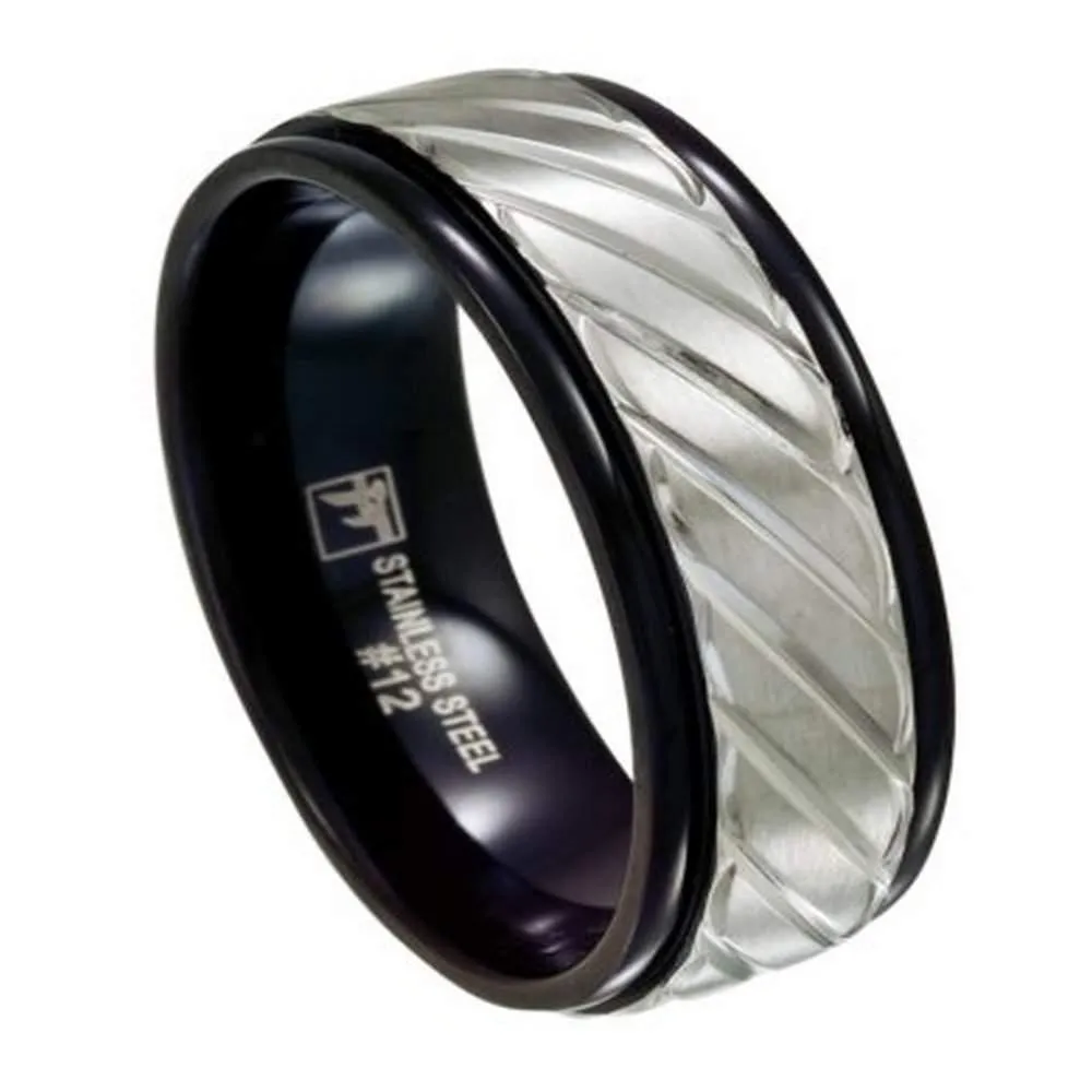 Men's Stainless Steel Black Wedding Band, Diagonal Cuts, 10mm