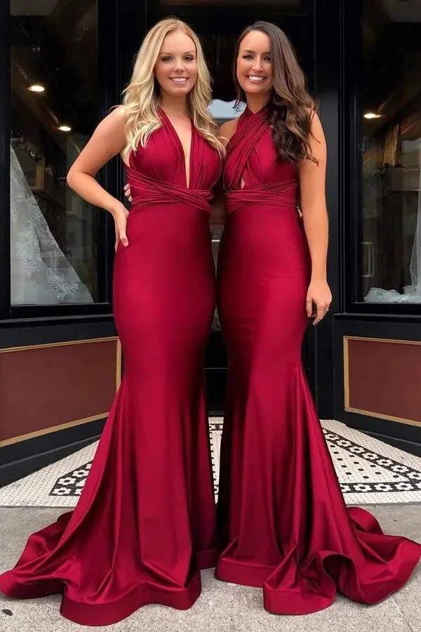 Mermaid Burgundy Satin Halter Neckline Long Prom Dress